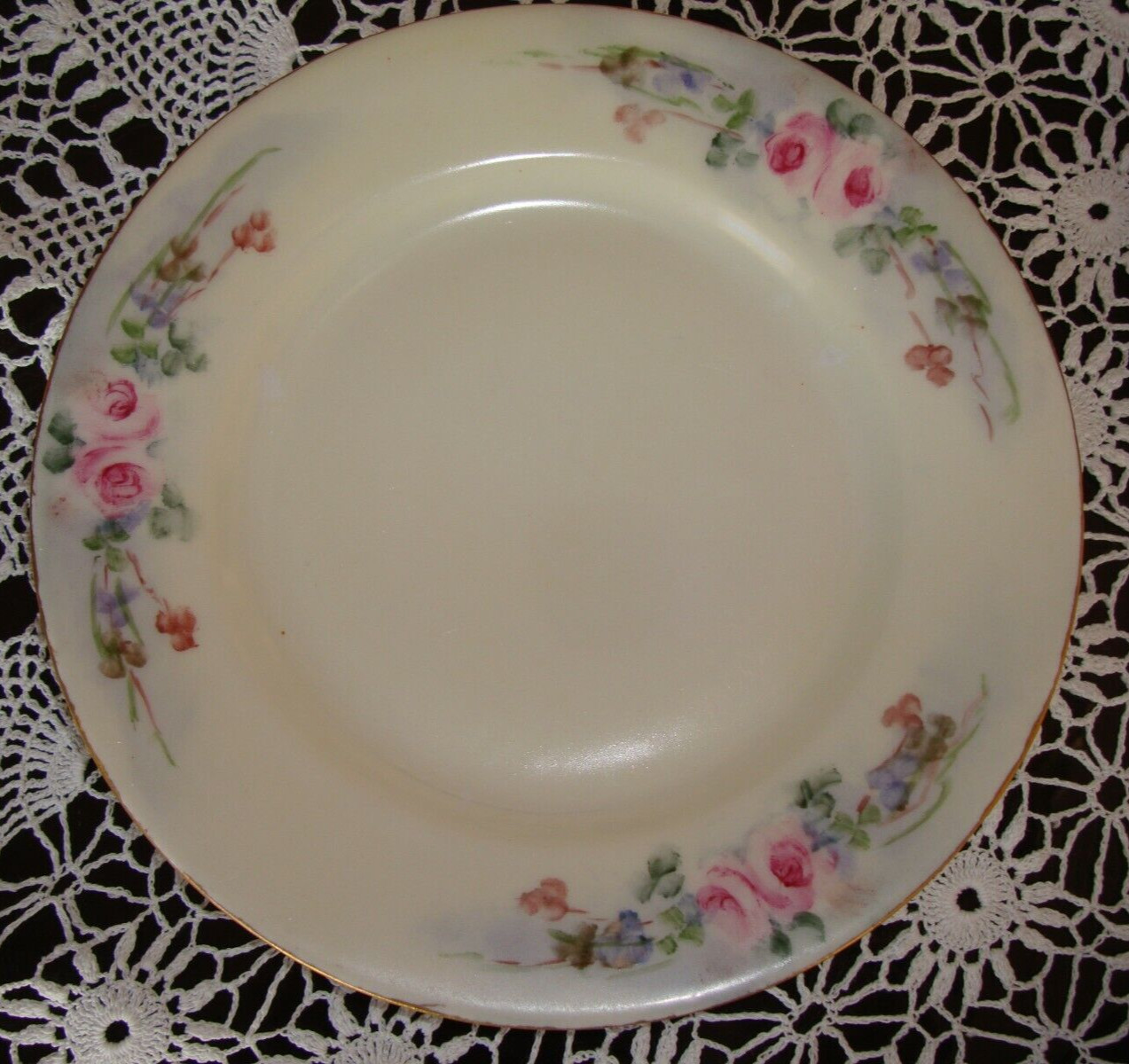 HAND PAINTED UNMARKED LIMOGES SET OF 6 DESSERT PLATES AND A DOME, ROSES & GOLD
