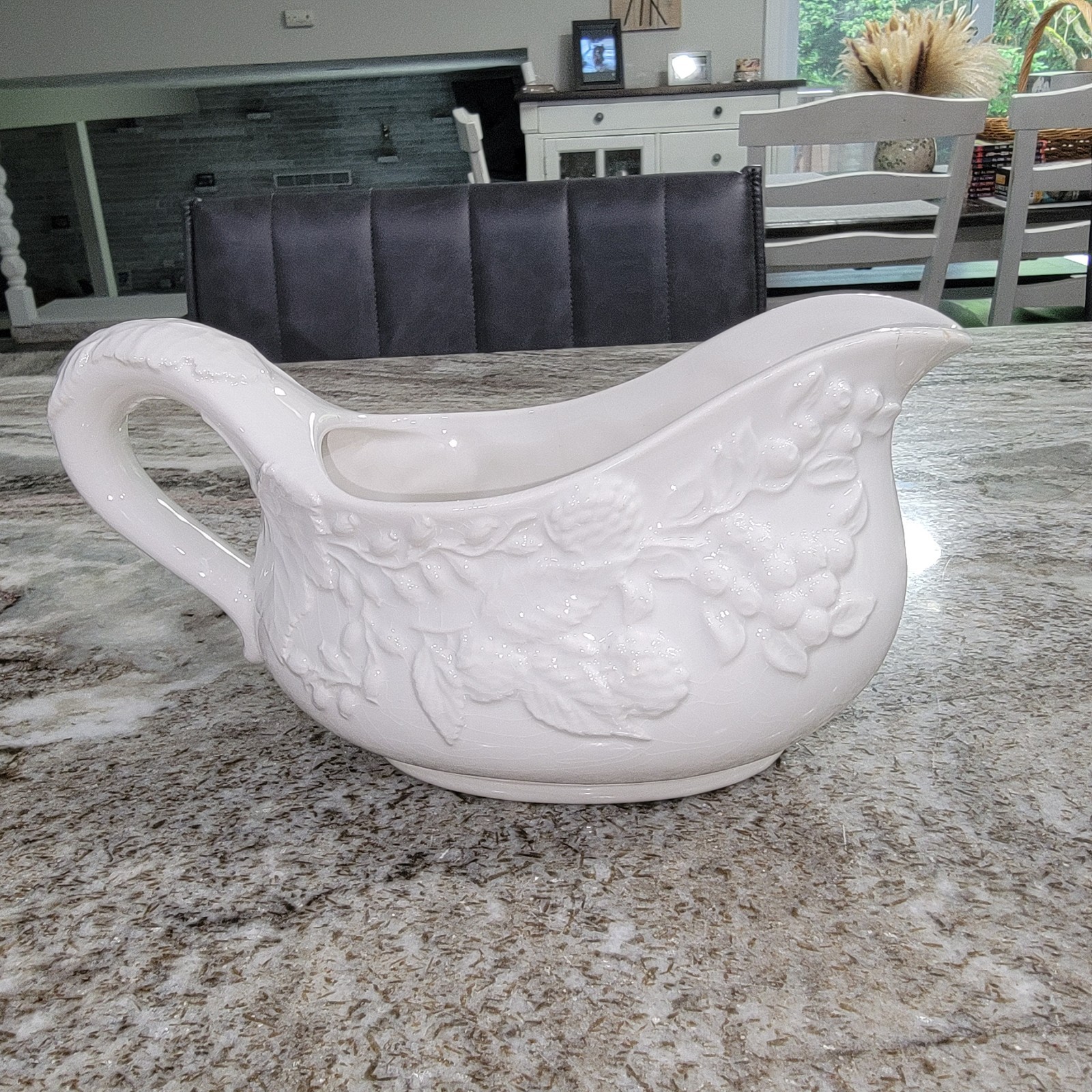 Vintage White Ceramic Grape Vine Gravy Boat Sauce Server Italy? Repair