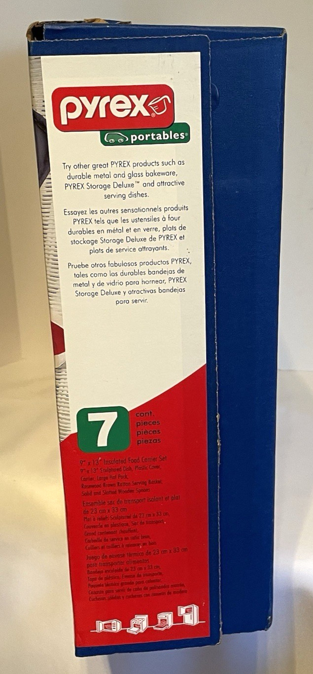 Vintage Pyrex Portables 7 Piece 9in x 13 Blue w Hot Pack Basket Utensils Lid Bag