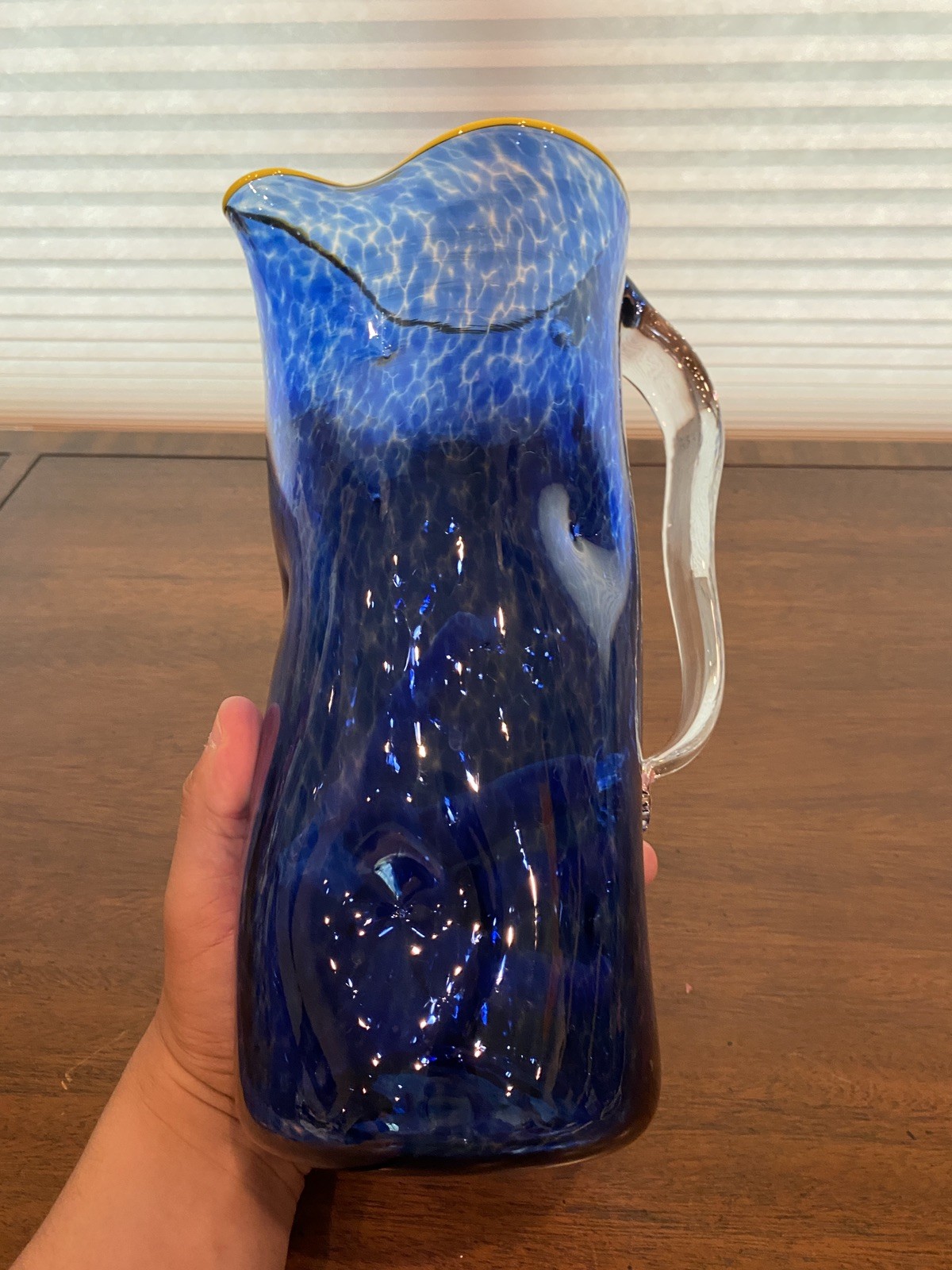 GEORGEOUS LARGE 2019 Cobalt Blue & Yellow Art Glass Pitcher 11.5″H Signed