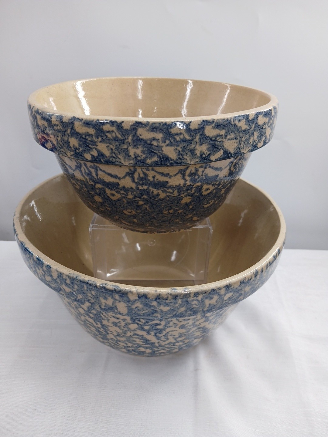 Vintage Robinson Ransbottom Pottery Blue Spongeware Nesting Mixing Bowl Set 2