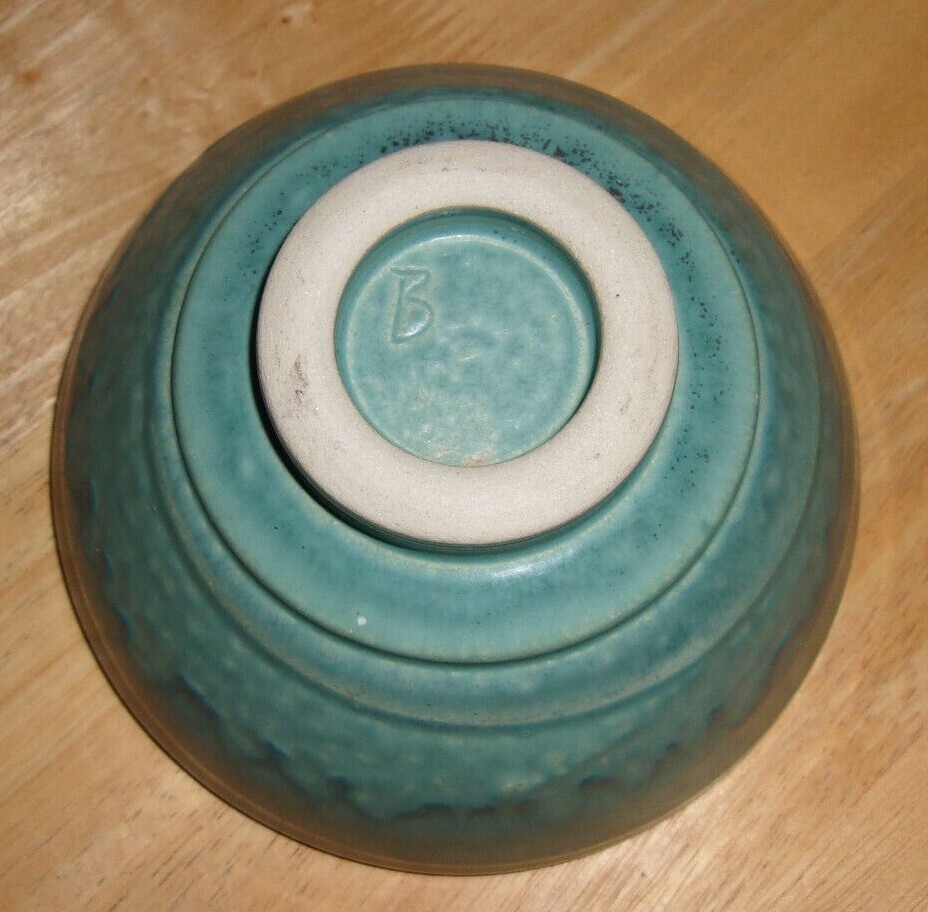 Signed Art Pottery Bowl Blue Gray Drip Glaze Tan Swirl & Leaf Inside