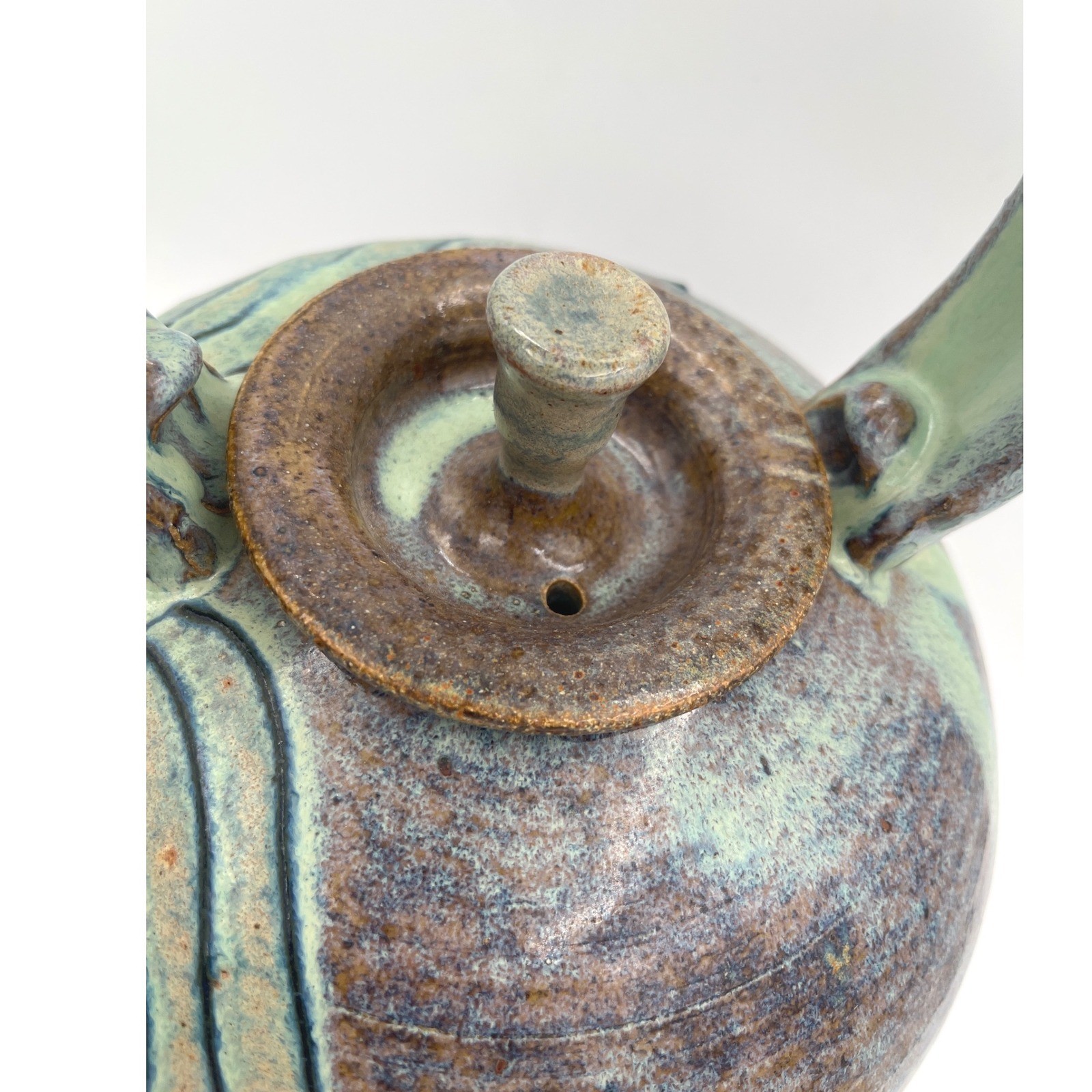 Artisan studio Pottery Teapot Signed large Glazed Stoneware Blue Green vtg