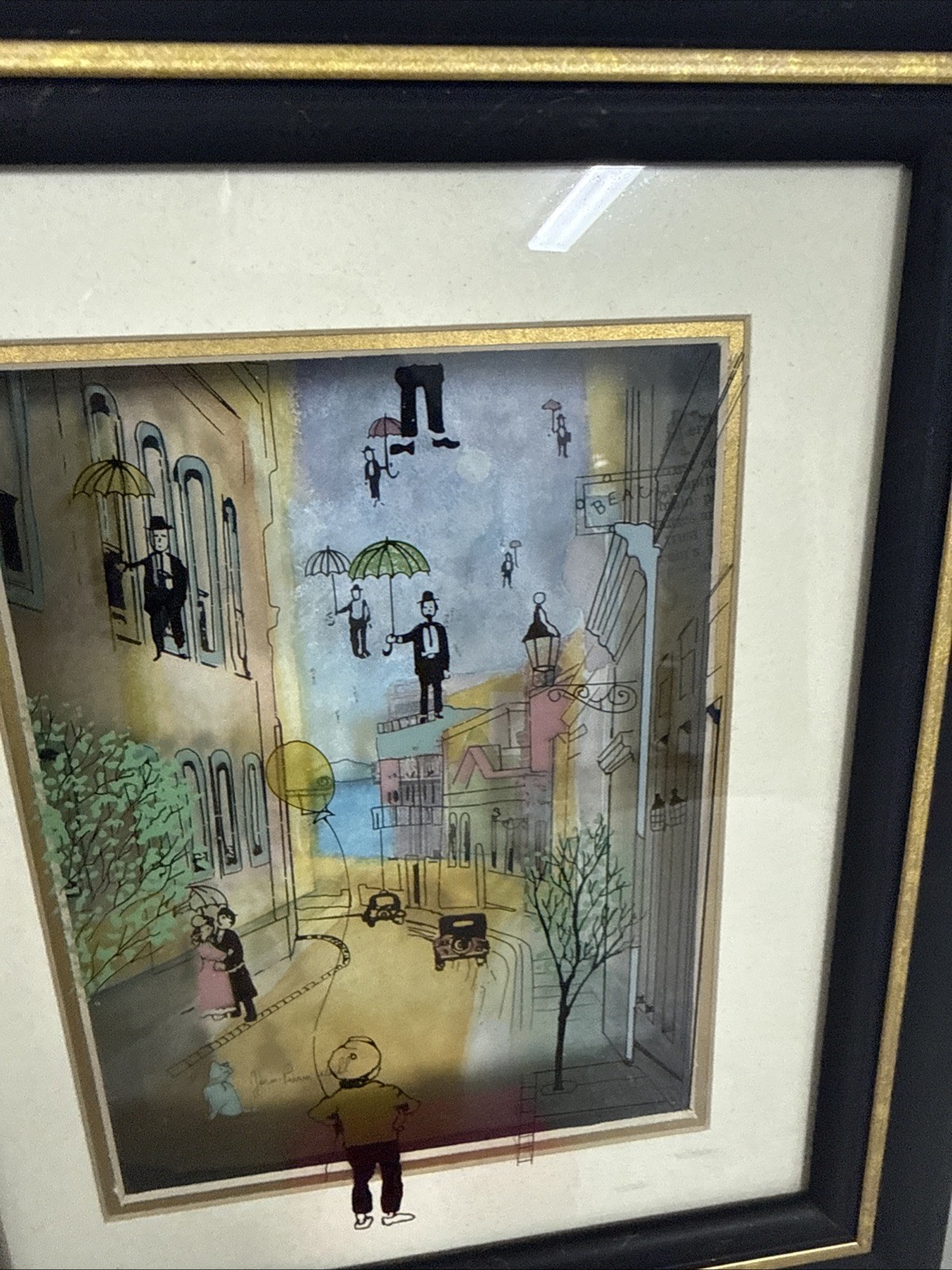 Jean-Pierre Weill 3D Painting RARE Umbrella Floating People Signed