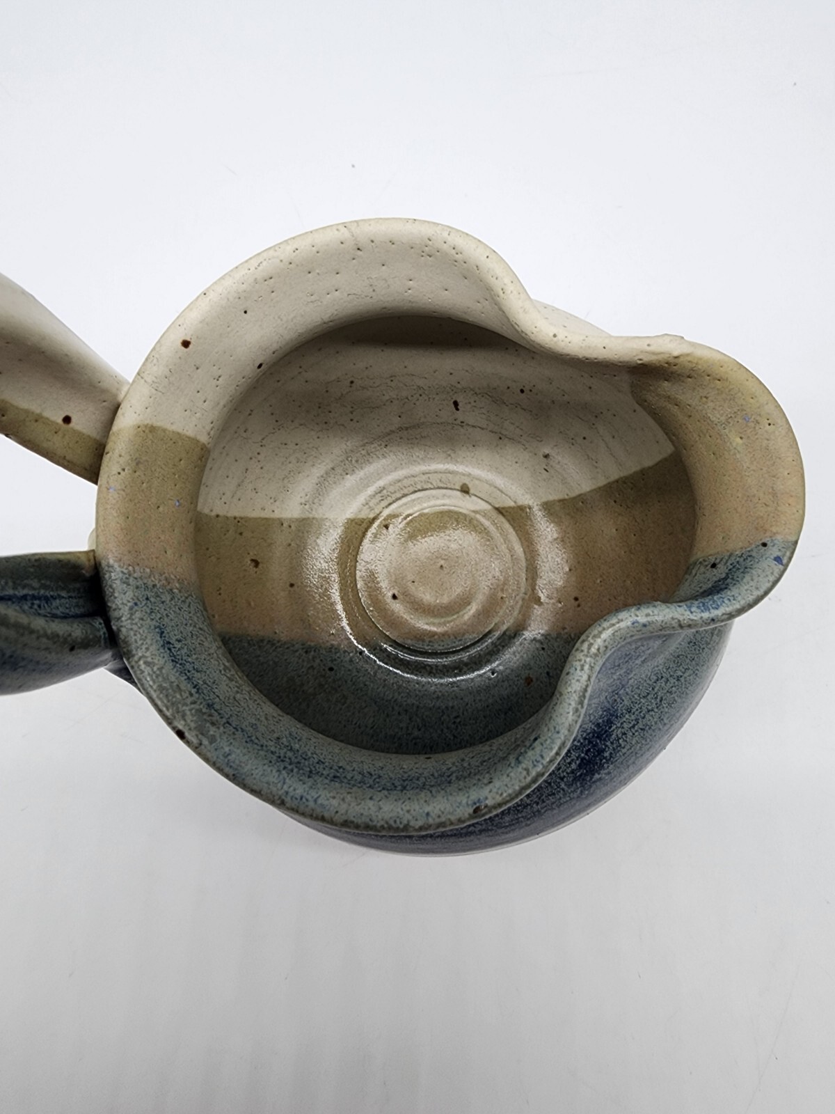 Art Pottery Small Pitcher creamer Signed Blue Tan white unique Shape