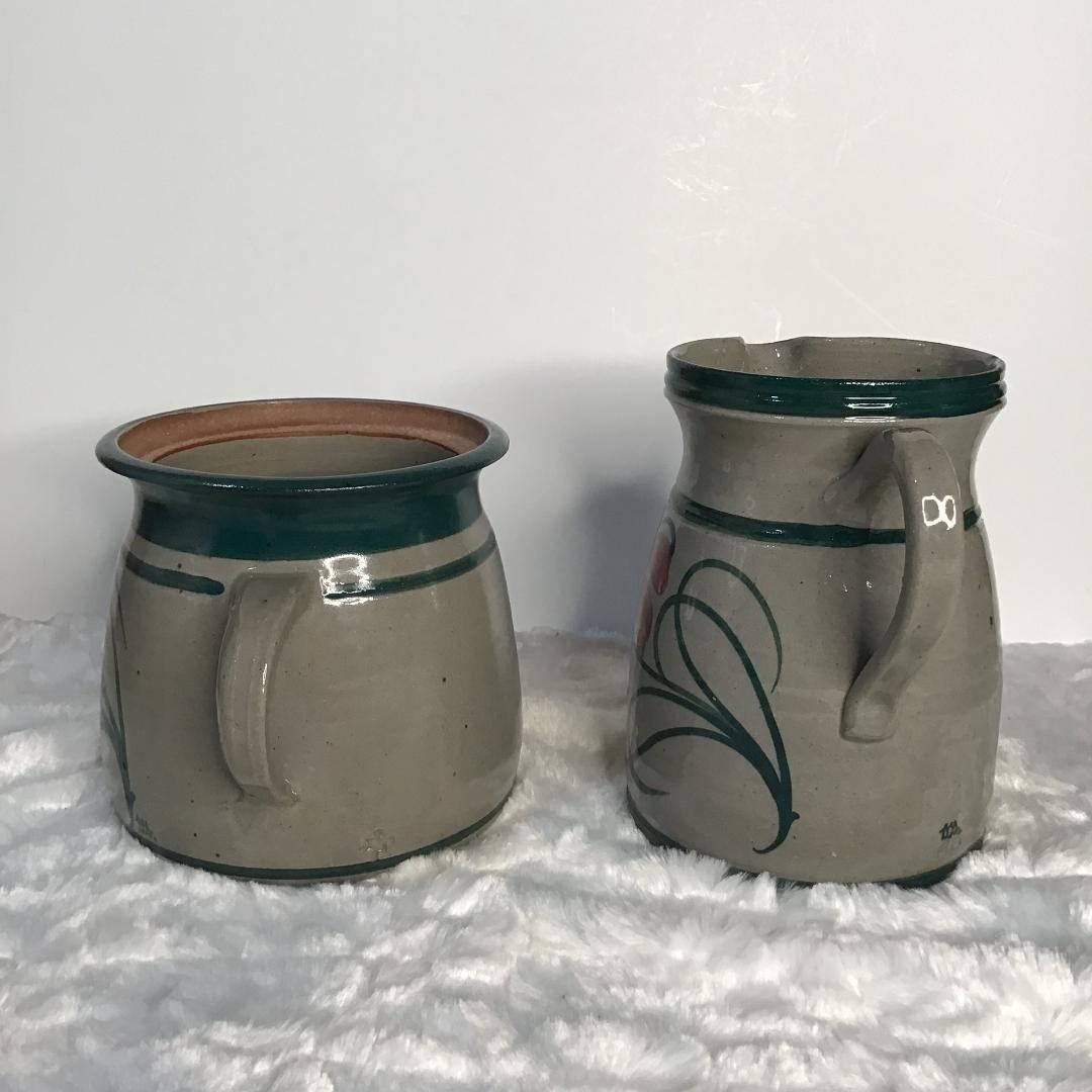 Vintage Salt Glaze Studio Pottery Pitcher and Crock Set Floral Farmhouse Cottage