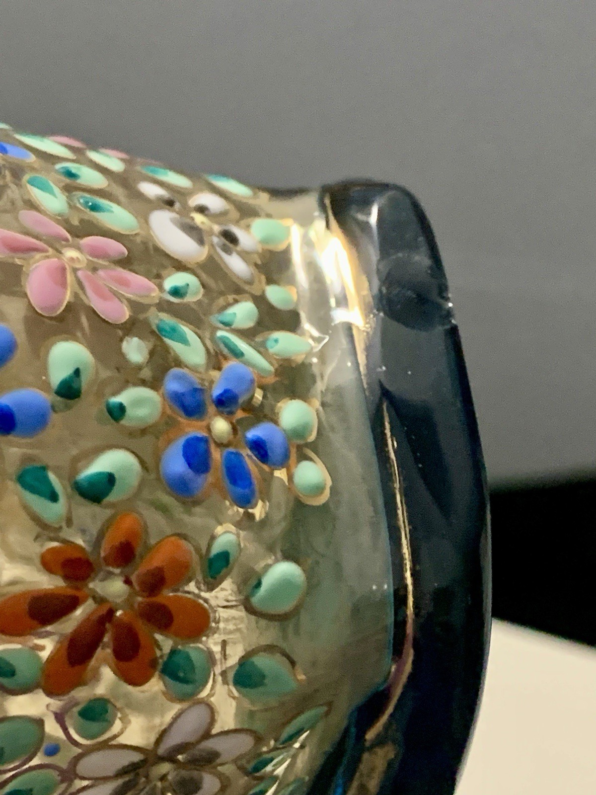 Vintage Rare Moser Hand Painted Multicolor Floral Art Glass Pitcher with Handle