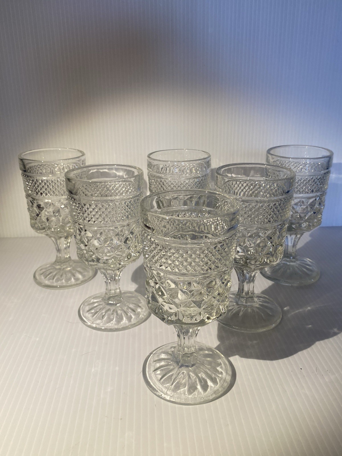 Wexford Anchor Hocking Goblets Set of 6 Diamond Cut 5 1/2 Inches Wine Stemware