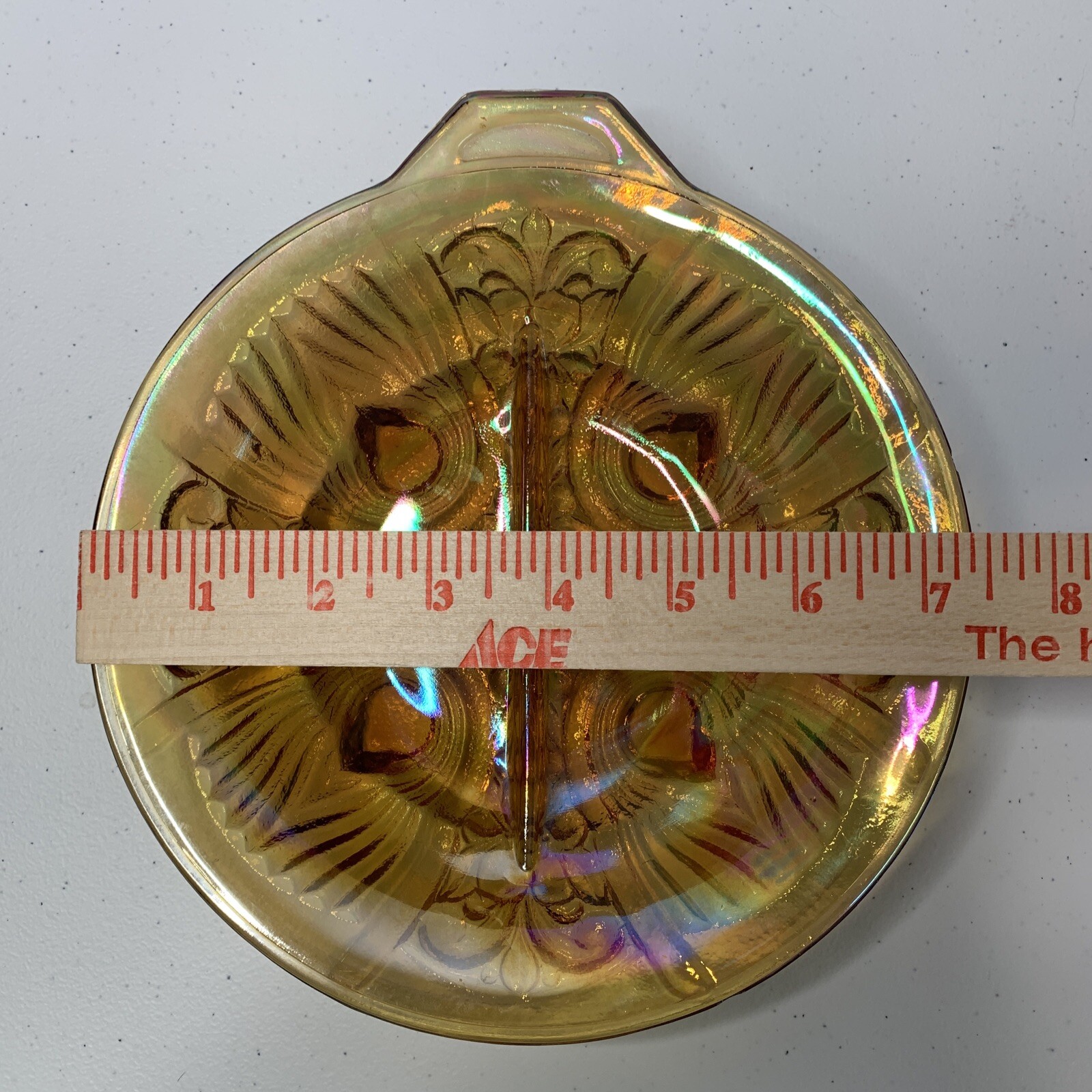 Vintage Indiana Carnival Glass Candy Dish 7.5″ Amber Iridescent Divided