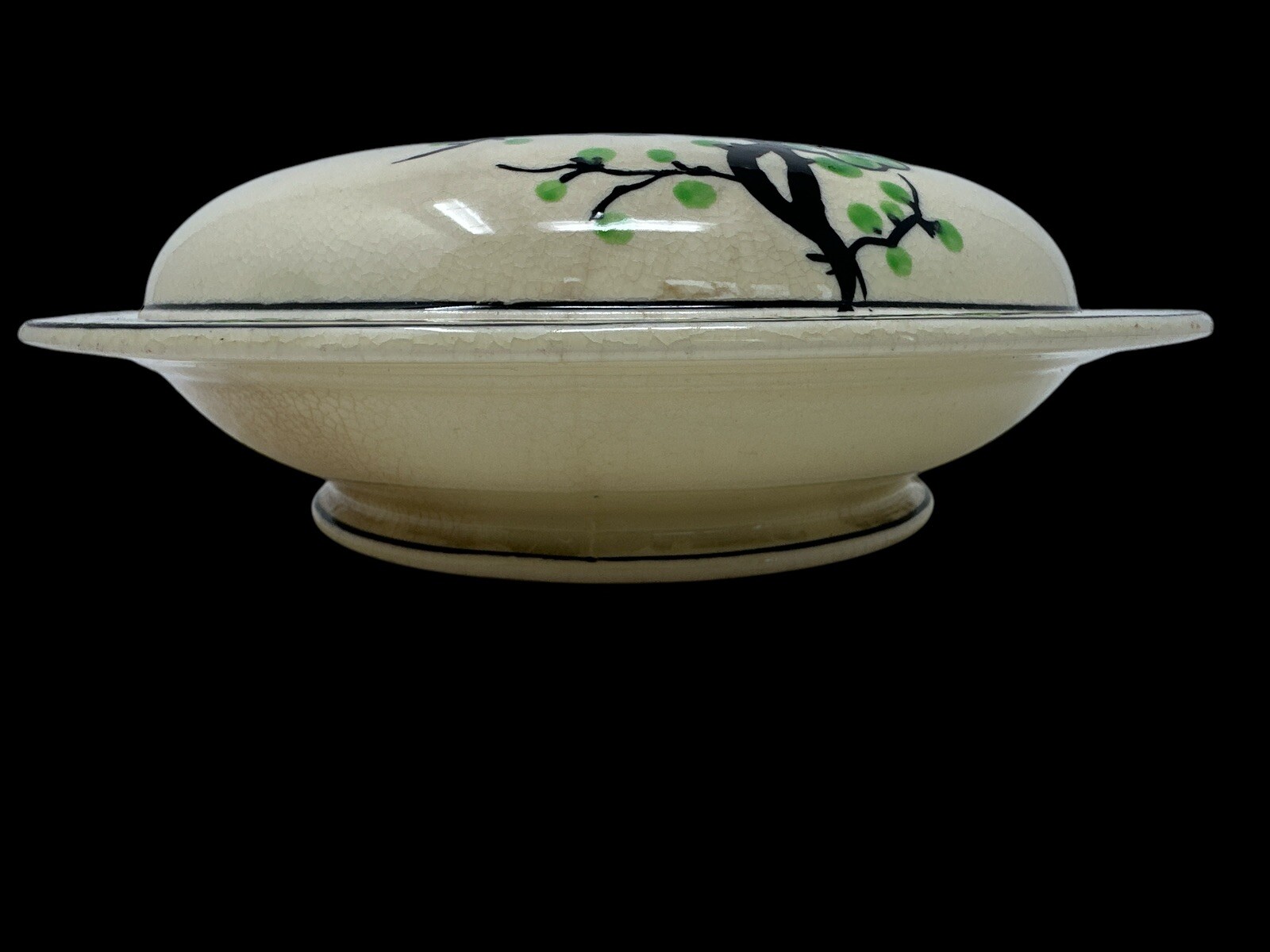 Vintage 1930s MORIYAMA Ceramic Covered Divided Platter Hand Painted Green Flora