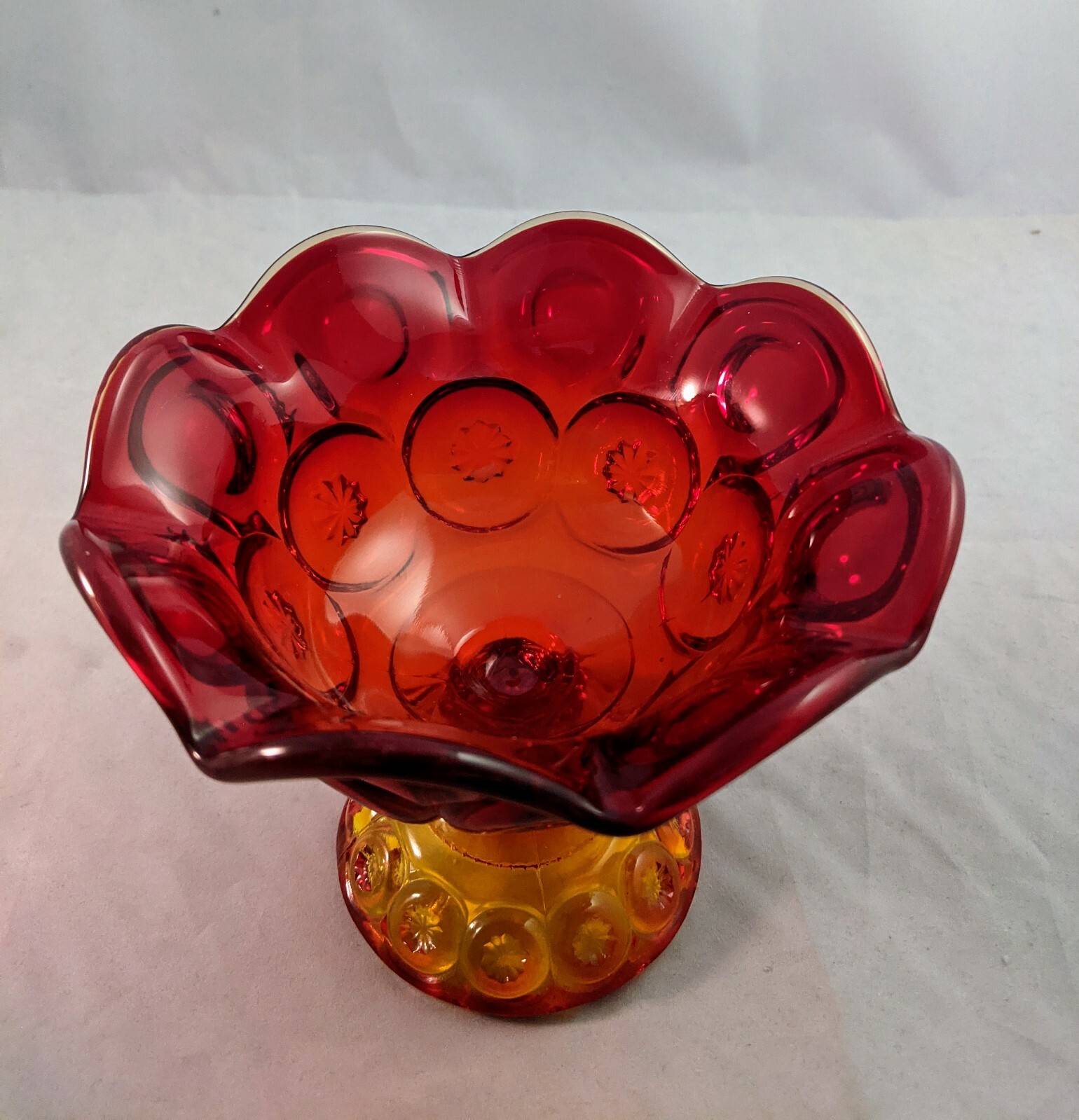 LE Smith Moon and Star Amberina Red Pedestal Glass Compote Candy Dish Vintage