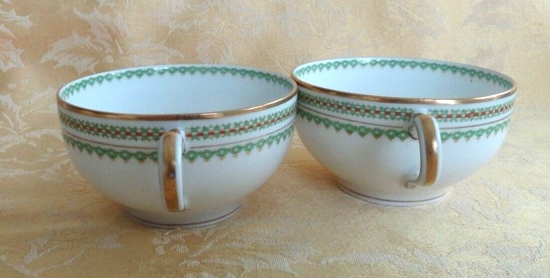 THEODORE HAVILAND LIMOGES 2 Cups & 1 Saucer Geen Band W/ Gold Gilt