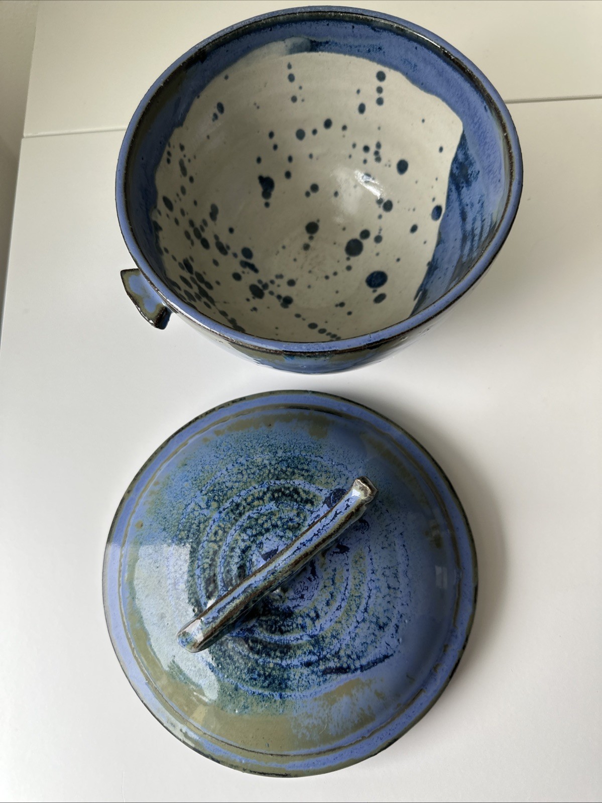 Vintage Studio Pottery Covered Bowl Blue Glaze Handmade Ceramic Dish
