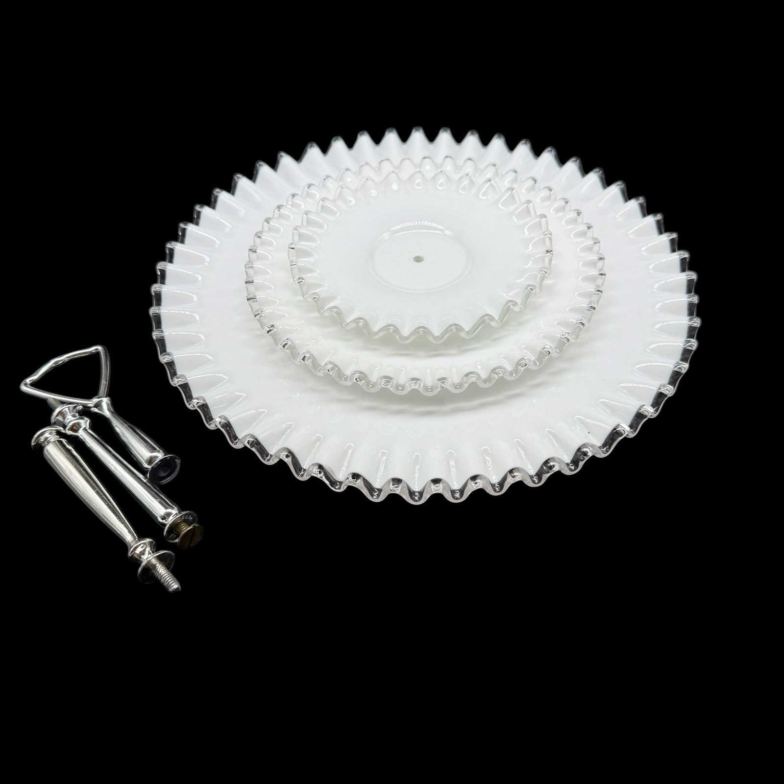 Fenton Silver Crest Three Tier Ruffled Milk Glass Tidbit Serving Tray Party Vtg
