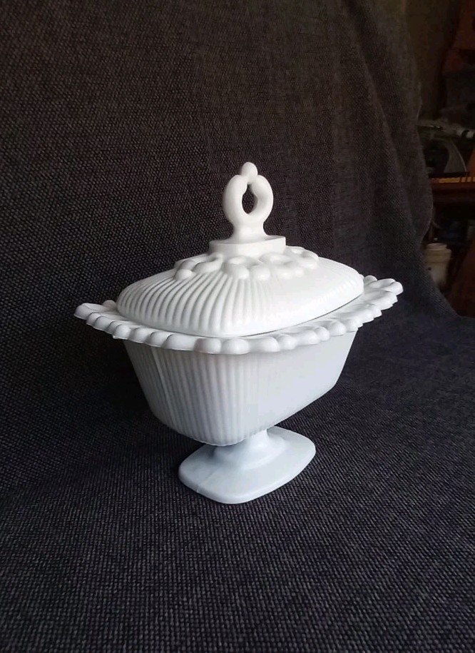 Westmoreland DORIC Ribbed Open Lace Milk Glass Pedestal Compote Bowl with Lid