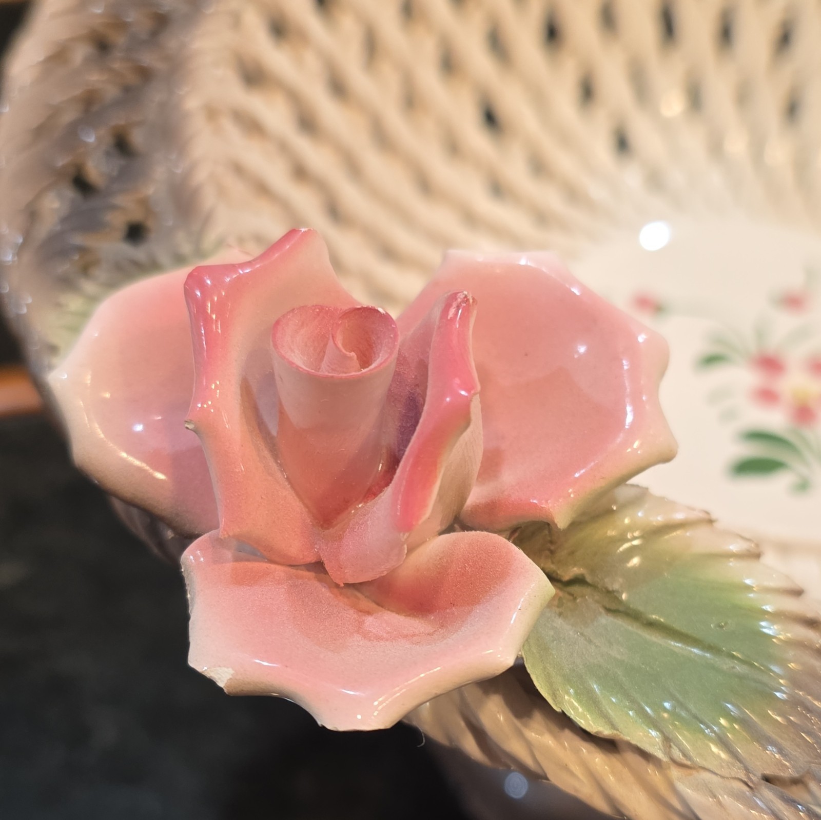 Italian capodimonte Pedestal reticulated basket Bowl with floral details.