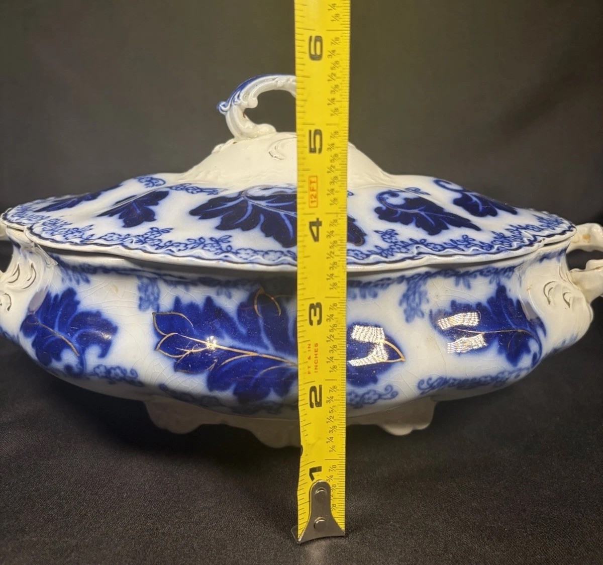 Antique Johnson Bros Normandy Flow Blue Oval Covered Vegetable Bowl Dish 11.5”