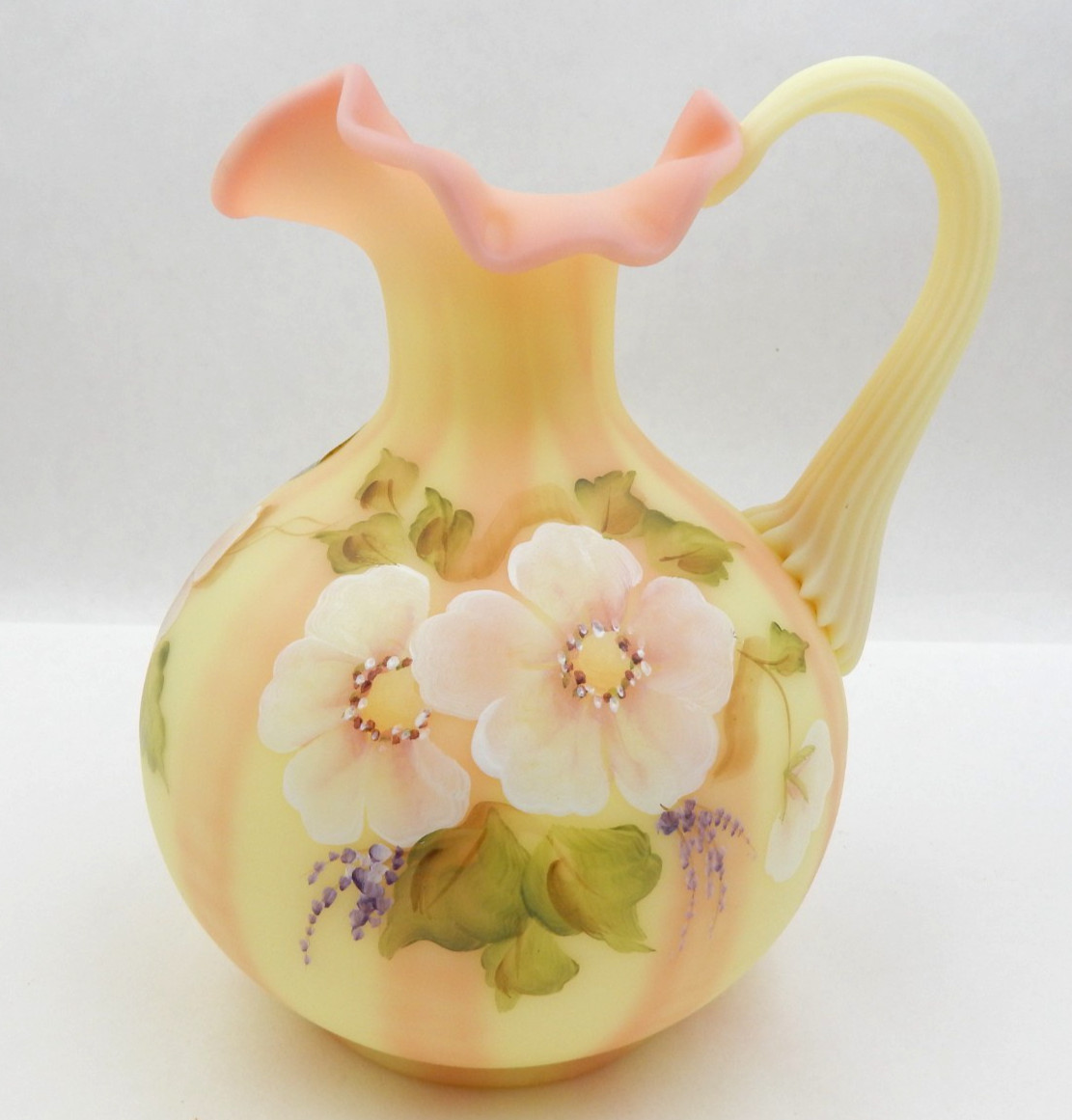 FENTON BURMESE URANIUM GLASS BILL FENTON 56 YEARS ANNIV. PITCHER, SIGNED, 6-1/2″