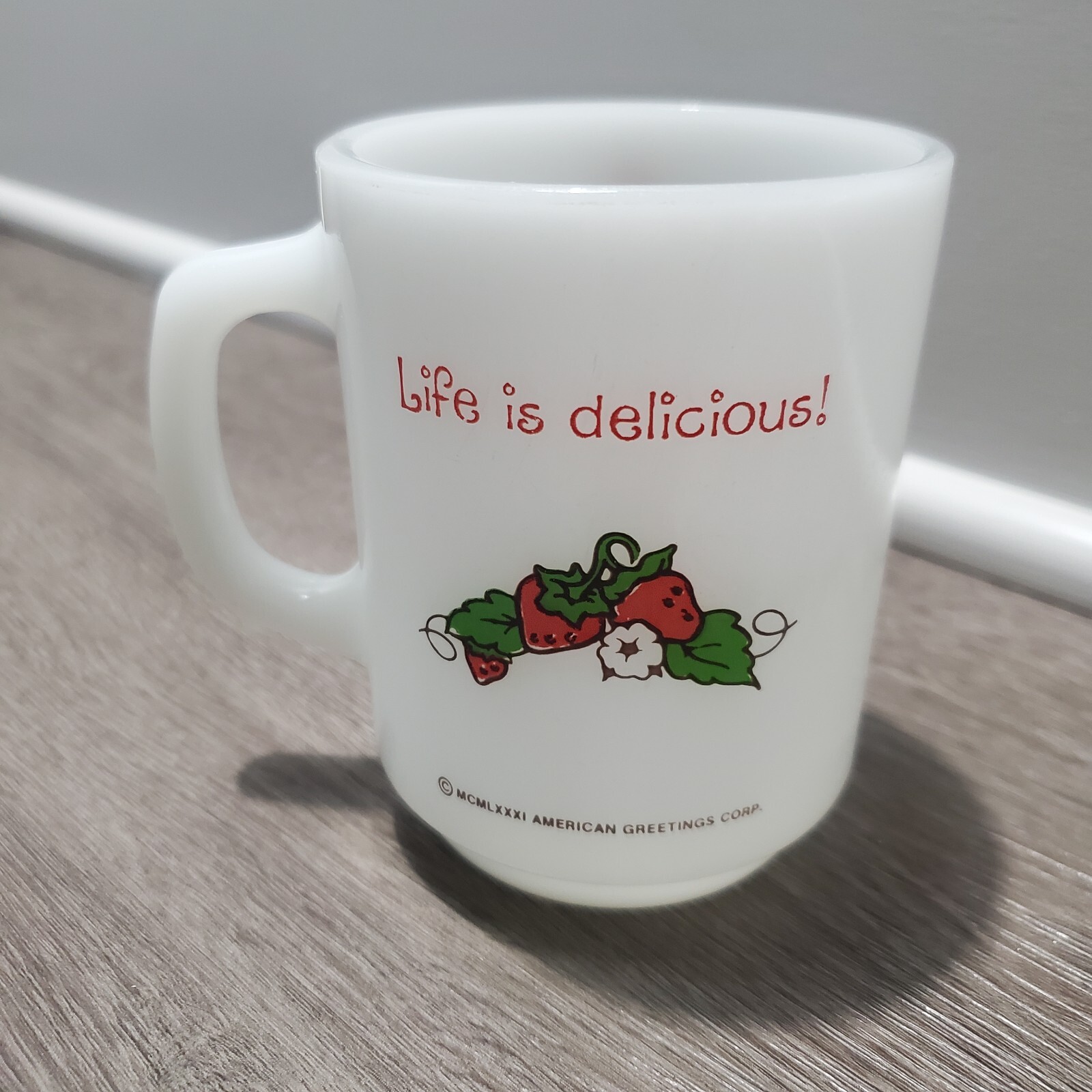 Vintage Fire King Milk Glass Strawberry Shortcake Mug Life Is Delicious