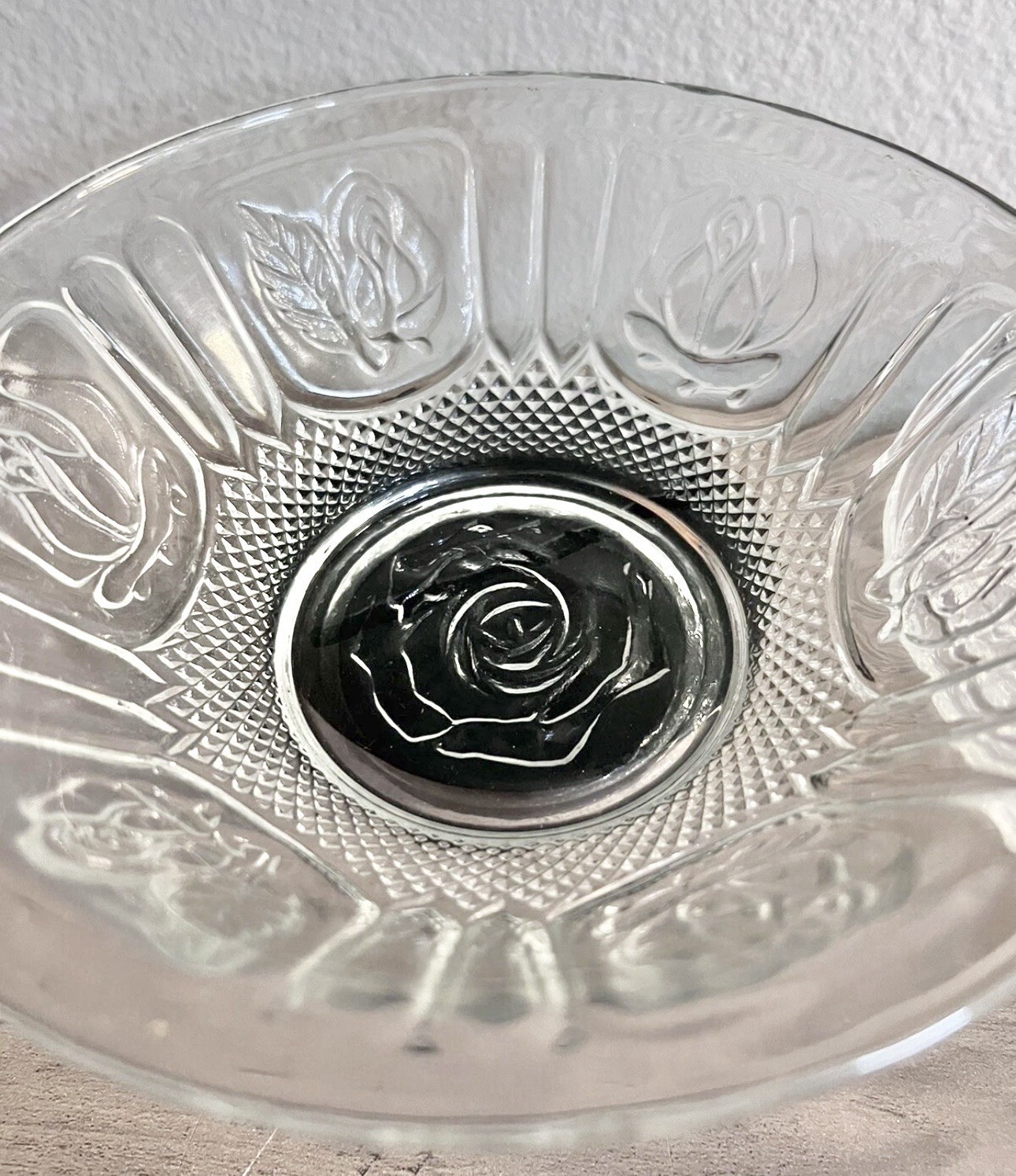 Vintage KIG Indonesia Rose Pattern Clear Glass Bowls 7” Set of 2