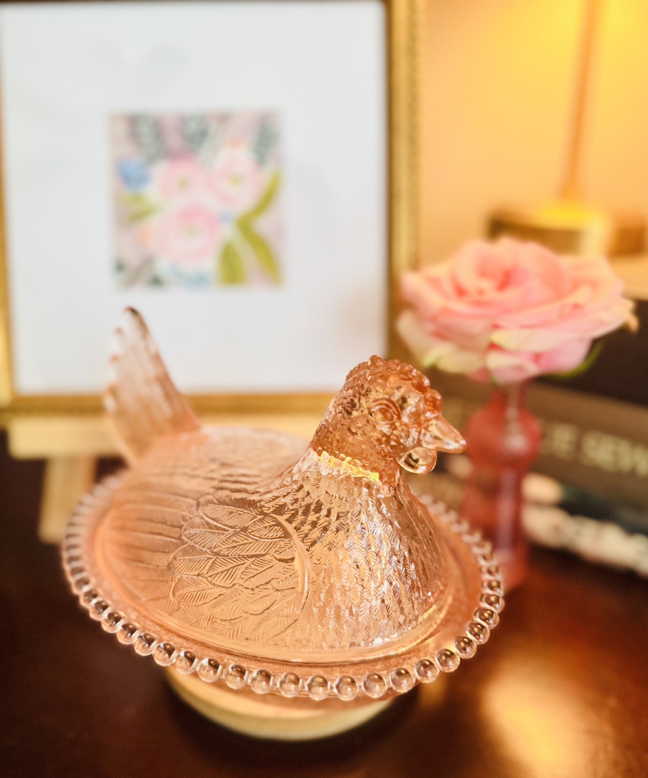 Vintage Indiana Glass Pink Hen On Nest Covered Dish 7” Dusty Rose Candy Dish
