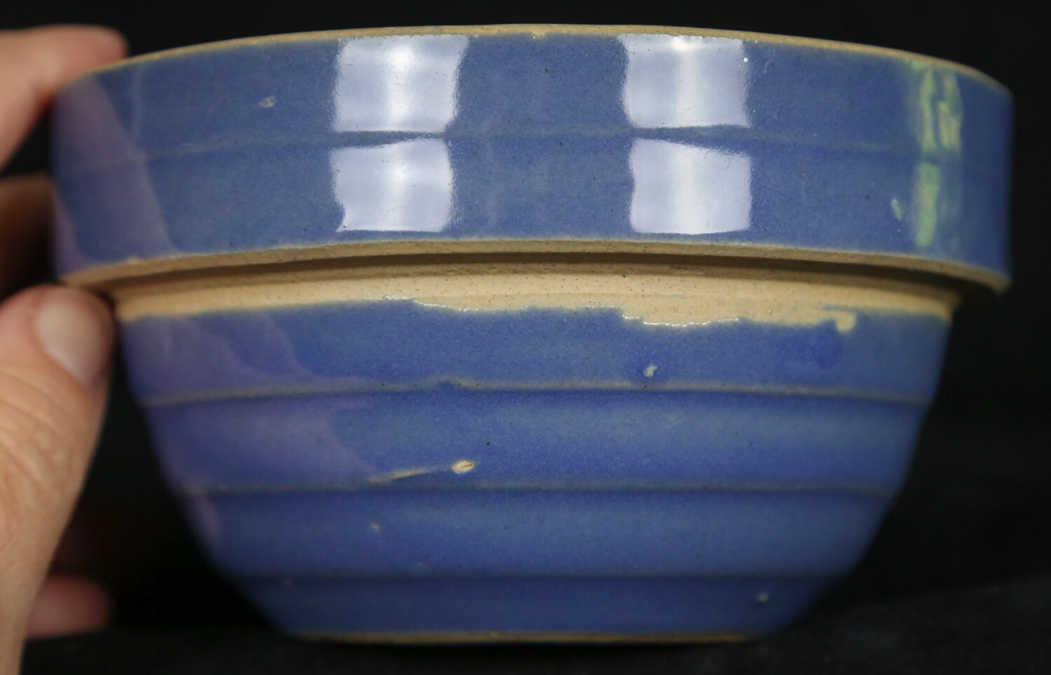Vintage Yellow Ware Cobalt Blue Nesting Bowl w/ Beehive Sides 5” Wide USA
