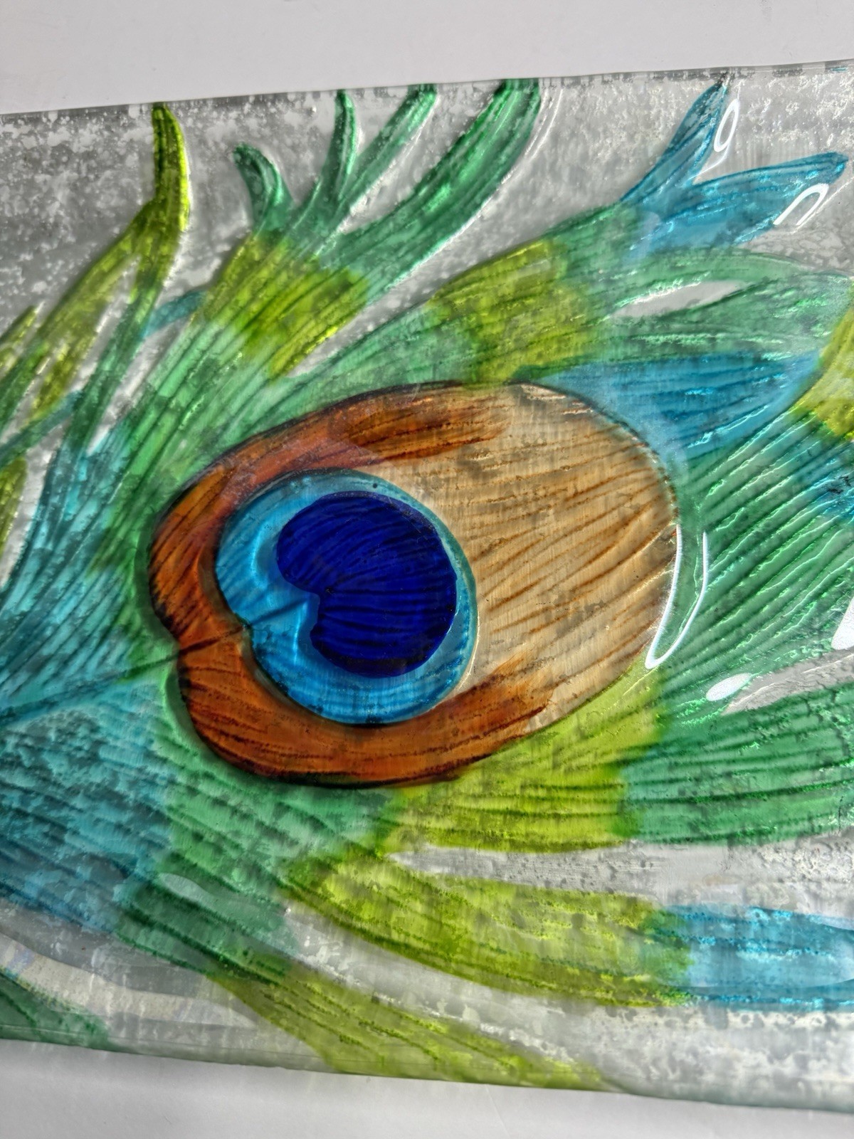 9 X 14” Fused Glass Peacock Feather Decorative Rectangular Platter Tray