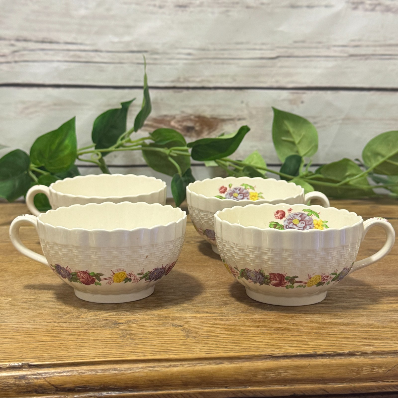 4 Copeland Spode Rose Briar Chelsea Wicker Porcelain Tea Cups Footed Coffee Set
