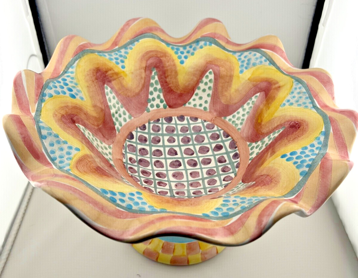 Vintage MacKenzie Childs Keukenhof Taylor Fluted Pedestal Compote Bowl