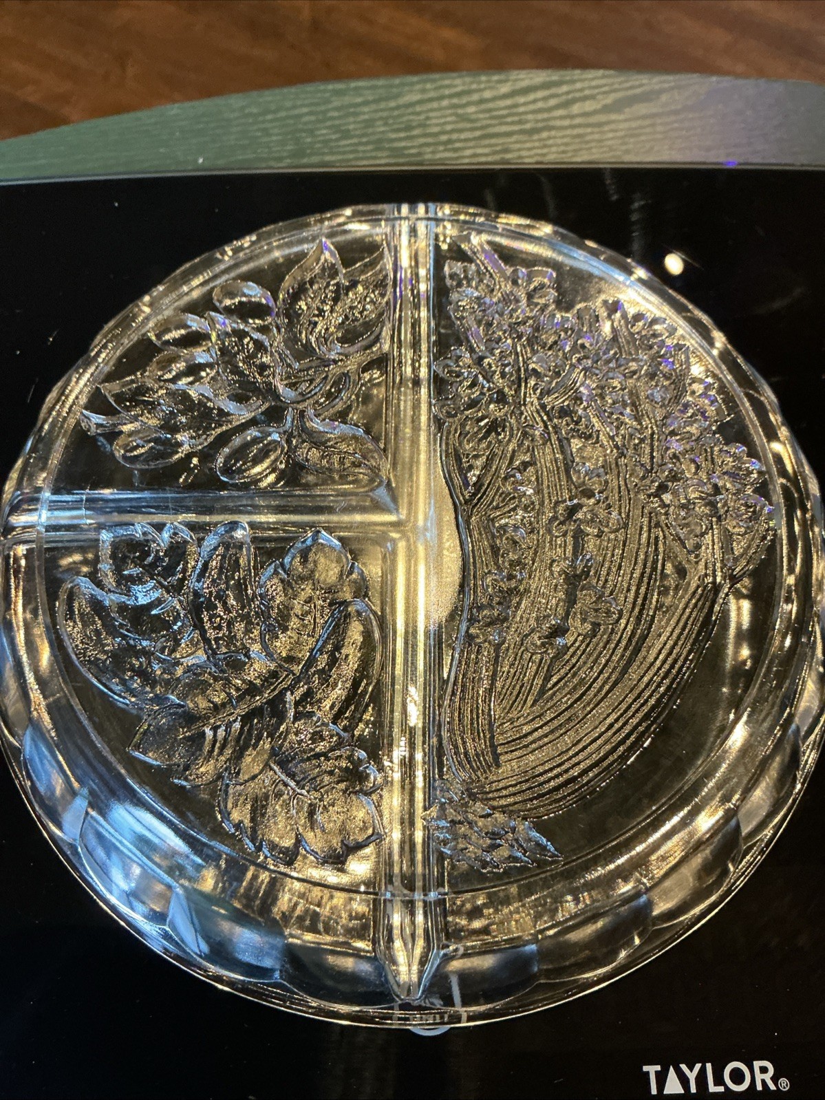 Vintage Indiana Glass 7.5” Round Divided Embossed Relish Vegetable Dish