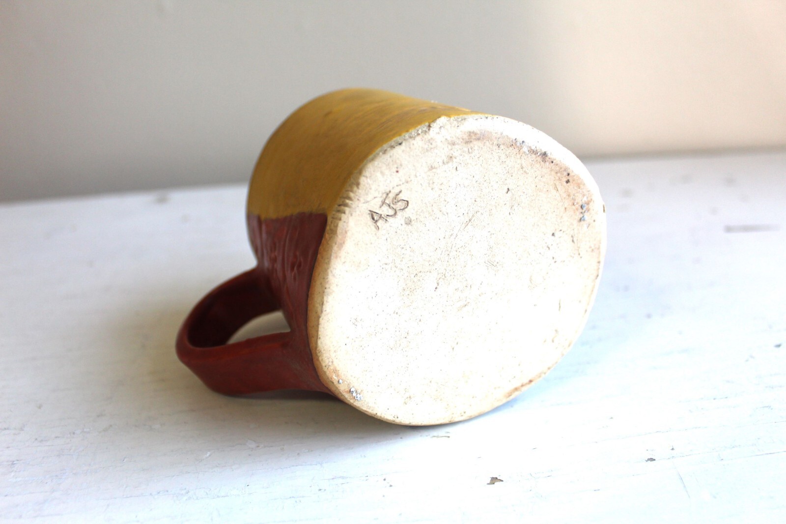 Student Made Wheel Thrown Mug Rust Blue Gold Coffee Tea Art Pottery Incised AJS