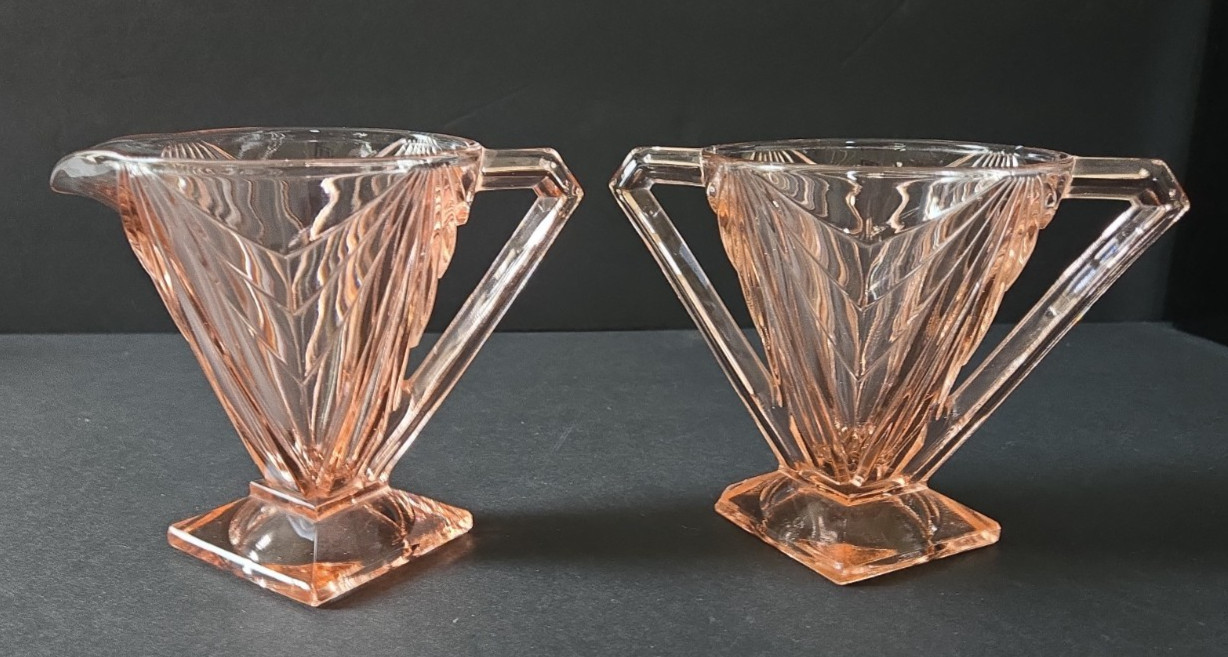 Vtg Indiana Glass Pink Pyramid Creamer and Sugar Bowl Set Art Deco Depression