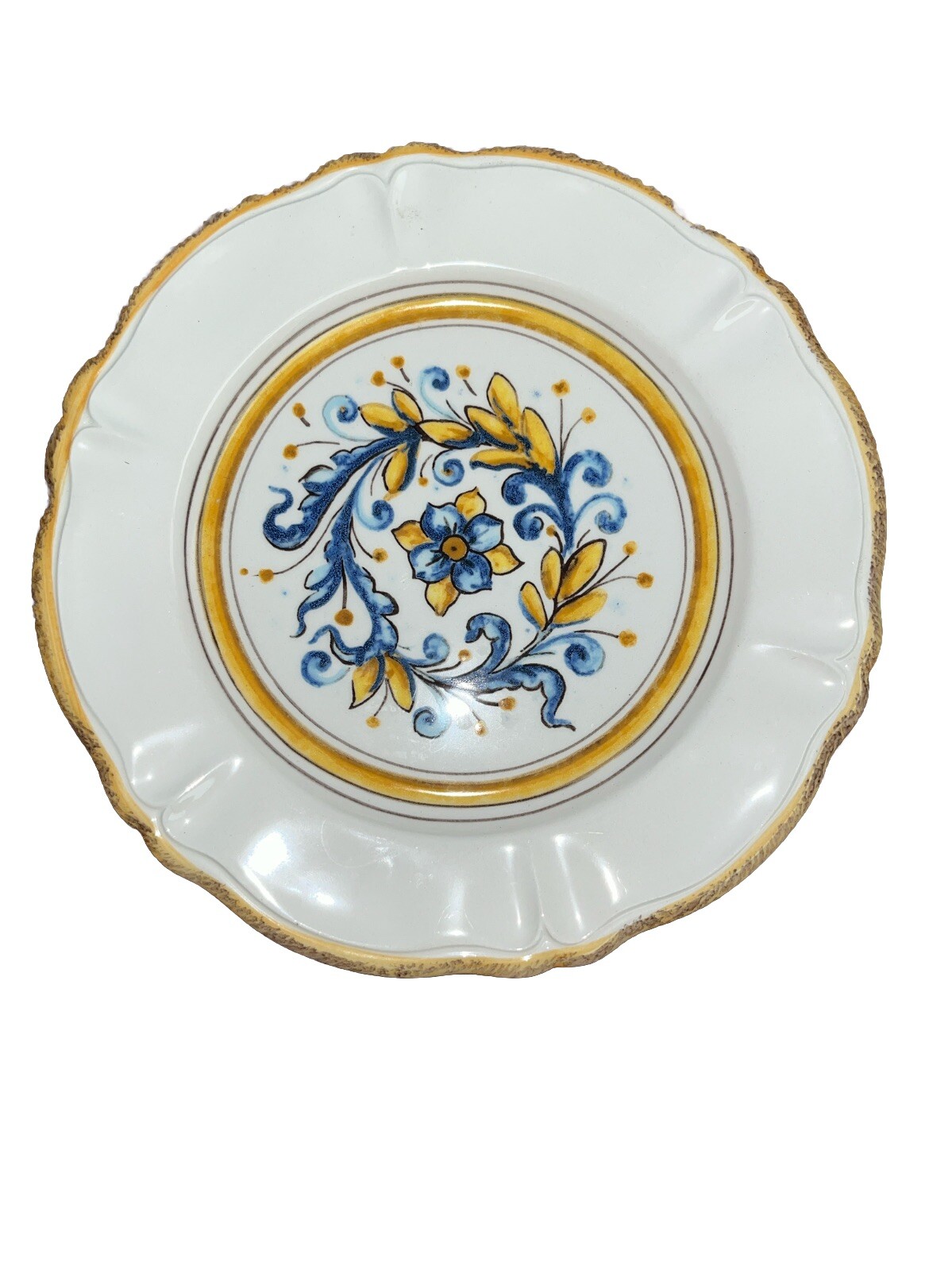 Bizzirri Handmade In Italy Salad Plate Scalloped Edges Yellow/Cobalt Blue 8.5”