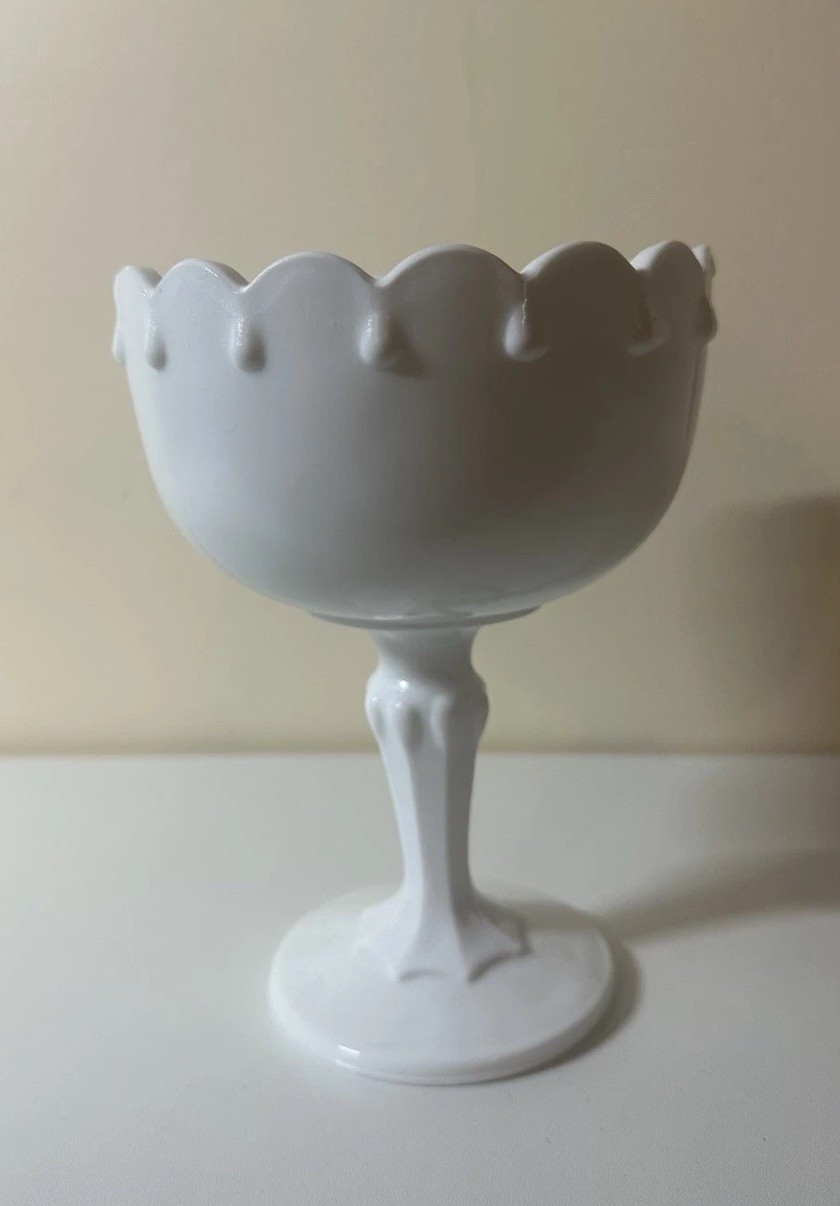 Vintage Indiana Glass White Milk Glass Compote Bowl Teardrop Pedestal – Medium