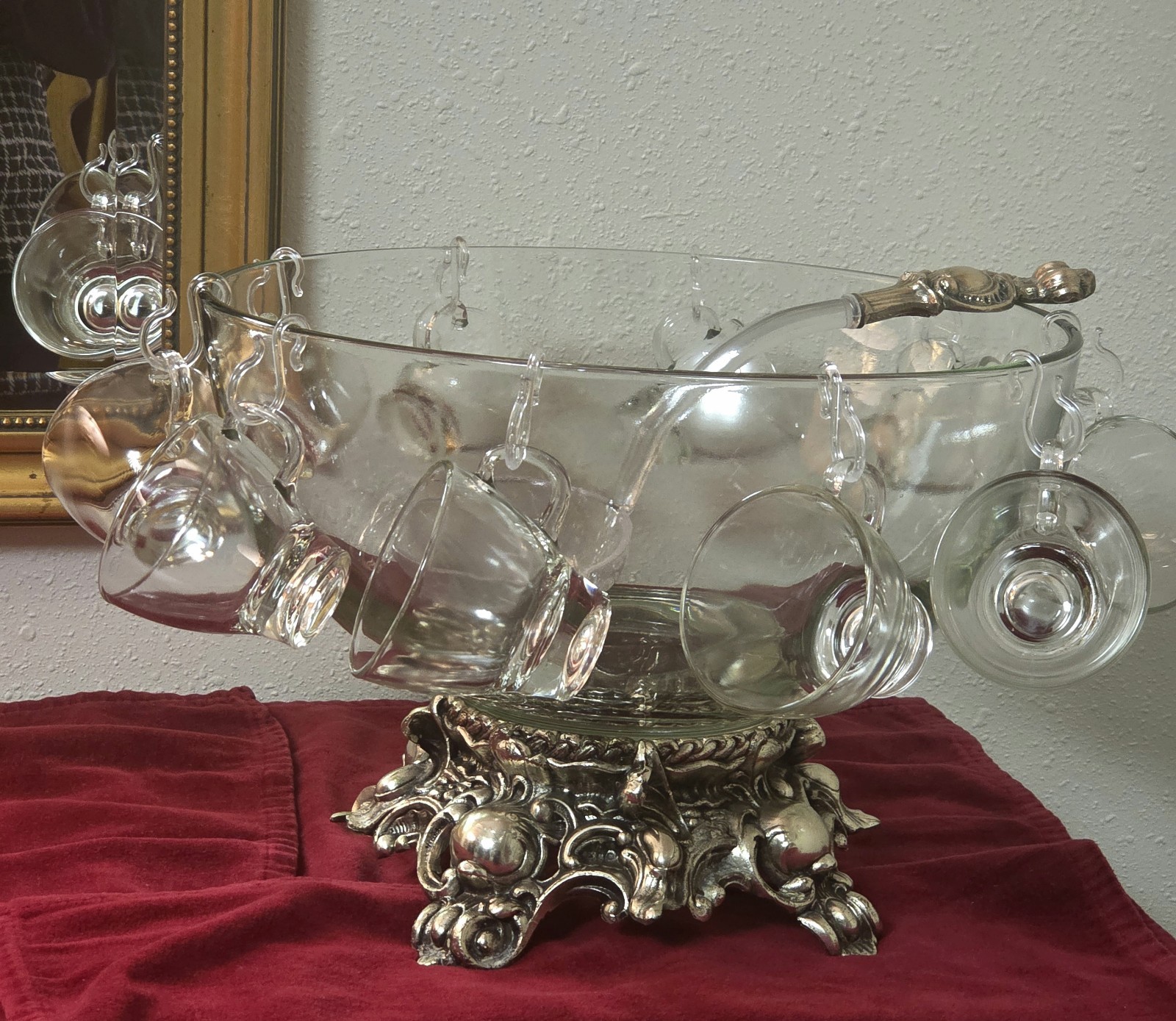 MCM Pitman-Dreitzer Crystal Punch Bowl Set 10 Cups Ornate Metal Stand Ladle Rare