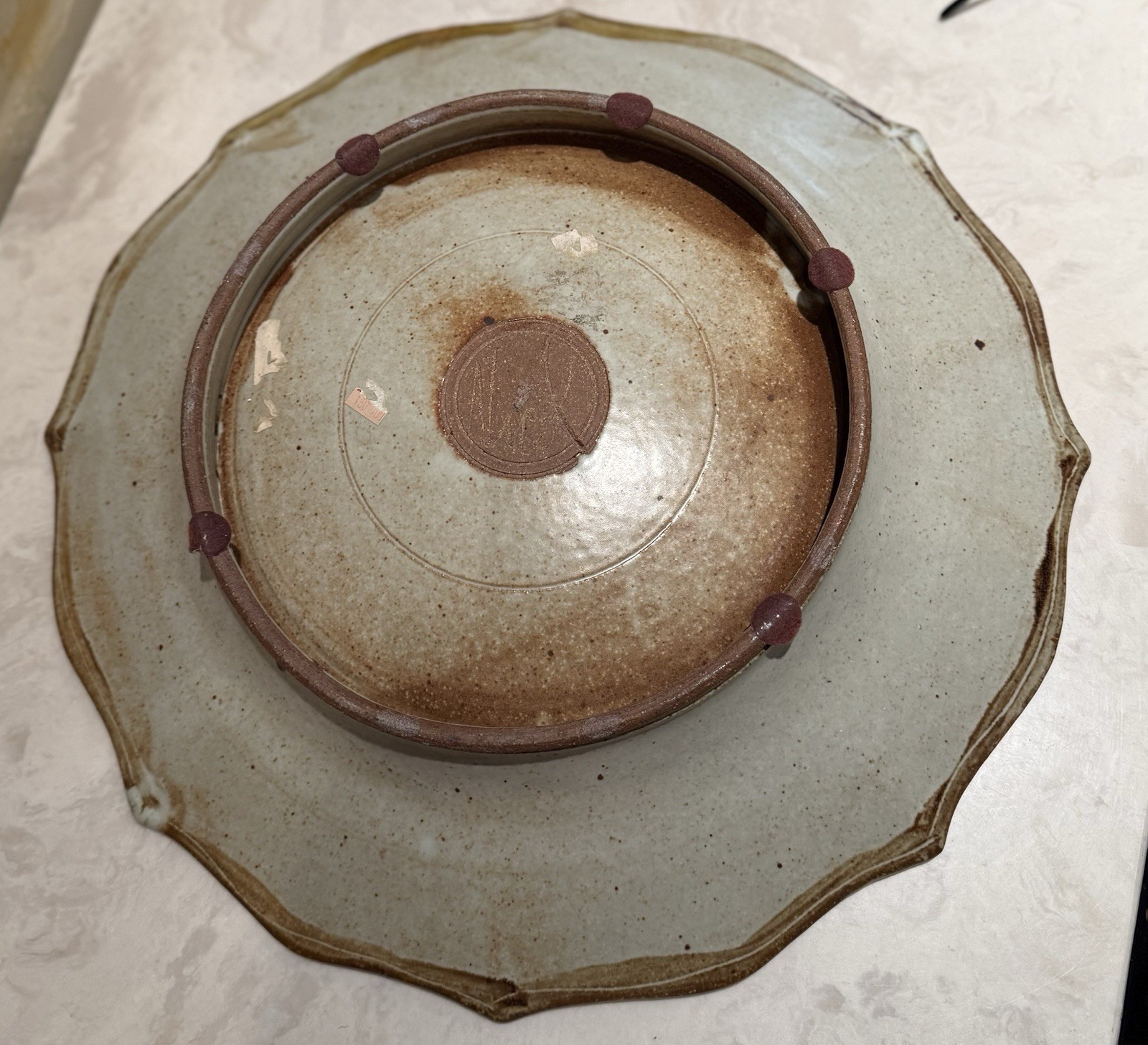 RARE 17″ Vtg NICOL Signed green, white Stoneware STUDIO ART Pottery Bowl Platter