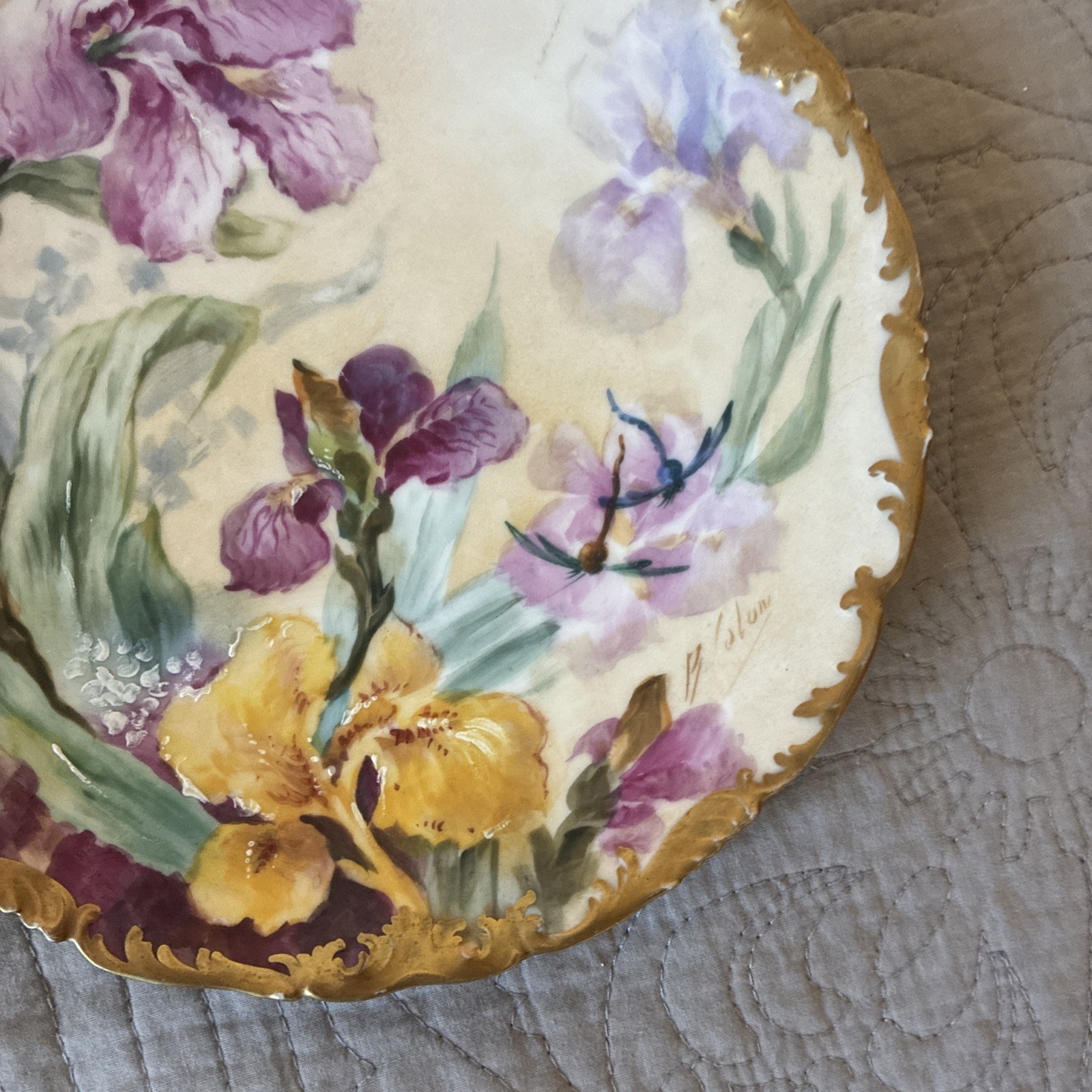 ANTIQUE LIMOGES HAND PAINTED FLORAL PLAQUE PLATE GOLD / SIGNED