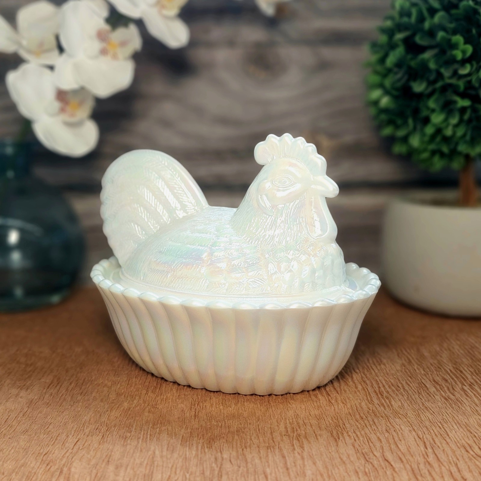 Pearl Carnival Glass Rooster Hen on Nest Chicken Candy Dish, Depression Style