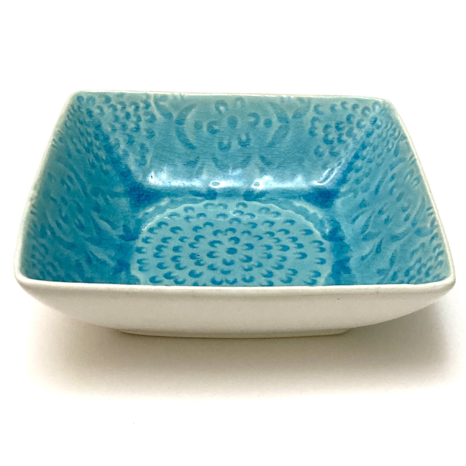 ROSCHER Turquoise Blue Crackle Floral Embossed Pomegranate Square Bowl 6.75″
