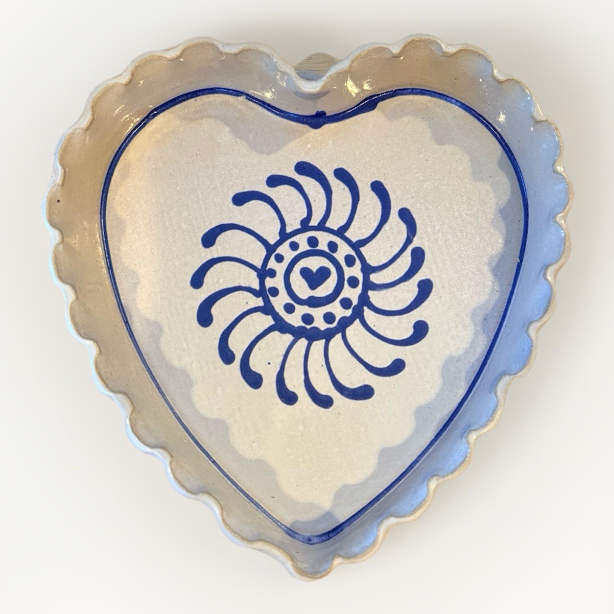 Vintage Kemper Pottery Heart Dish Oneonta NY Blue Floral Stoneware Baker 1988