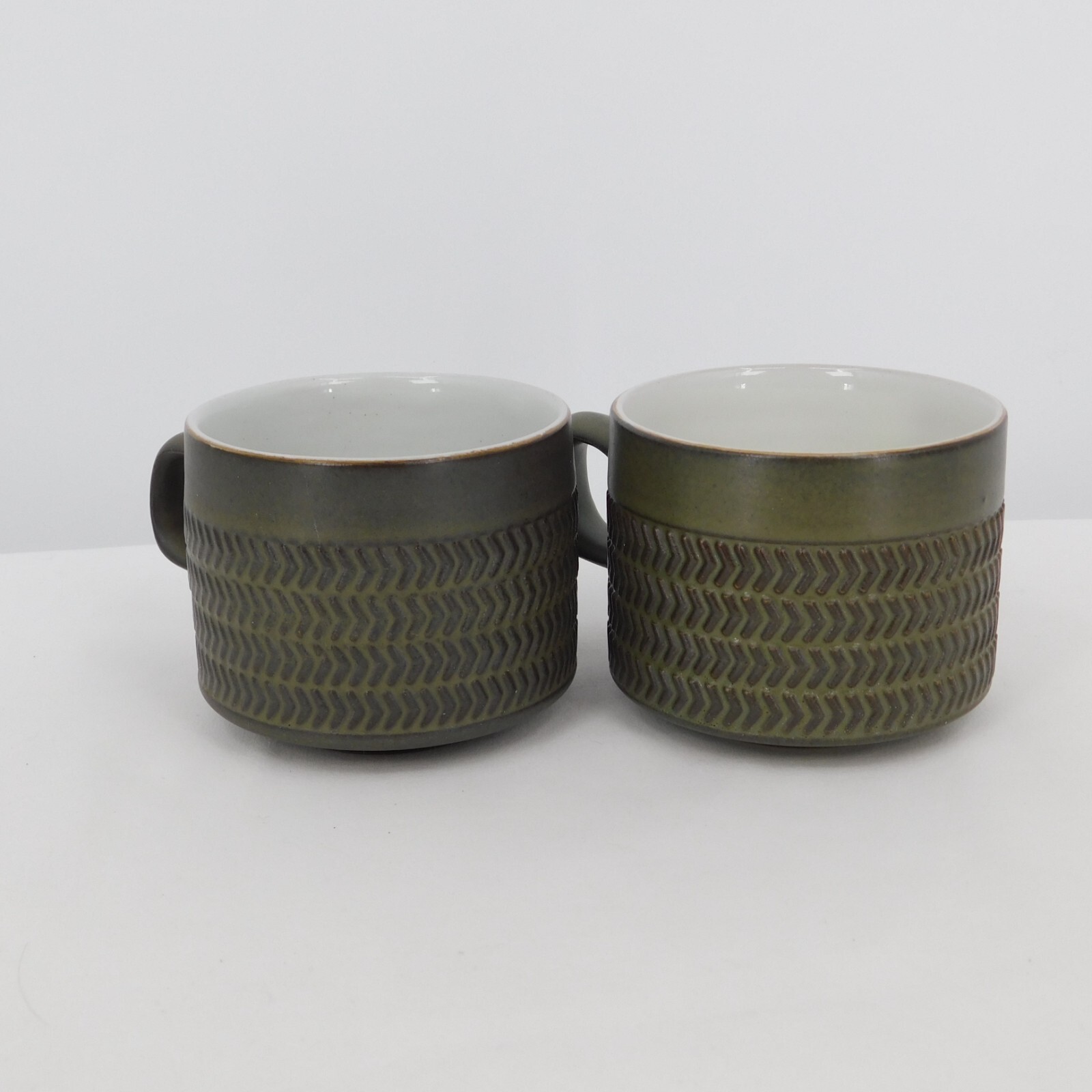Set of 2 Denby Camelot Dark Green Flat Cup 2 1/2″ tall Chevron Pattern Vintage