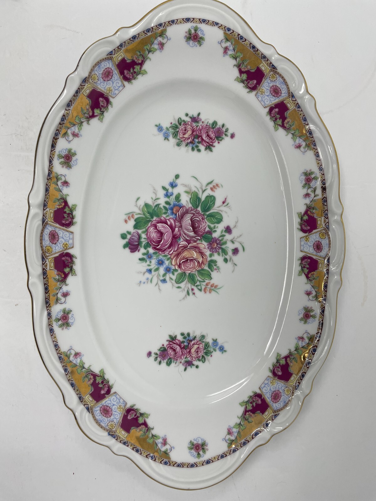 Vintage V Limoges France Decor A La Main Floral Oval Platter 13.5 Gold Trim