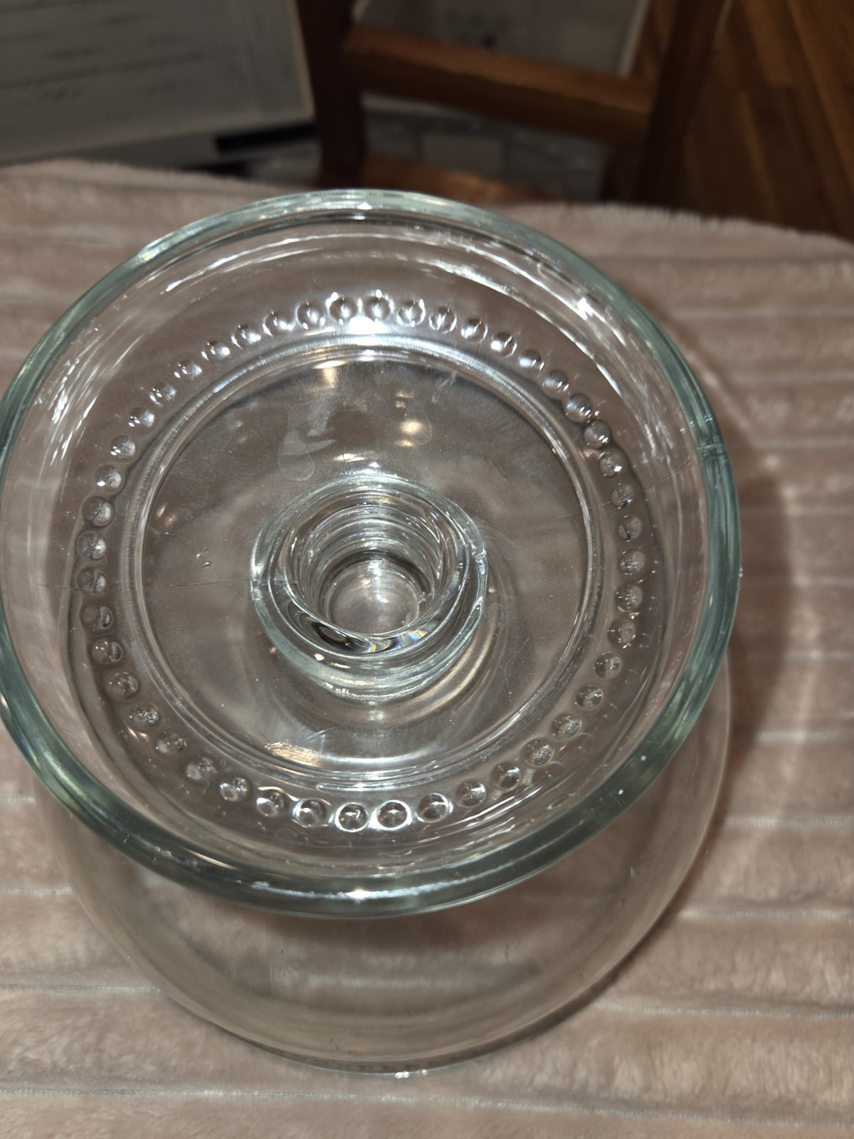 Clear Glass Pedestal Bowl Beaded Edge Round Glossy Elegant Decorative