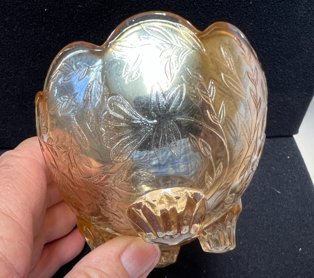 Vtg Jeanette Flora Amber Iridescent Carnival Glass Small Candy Dish bowl 4 feet