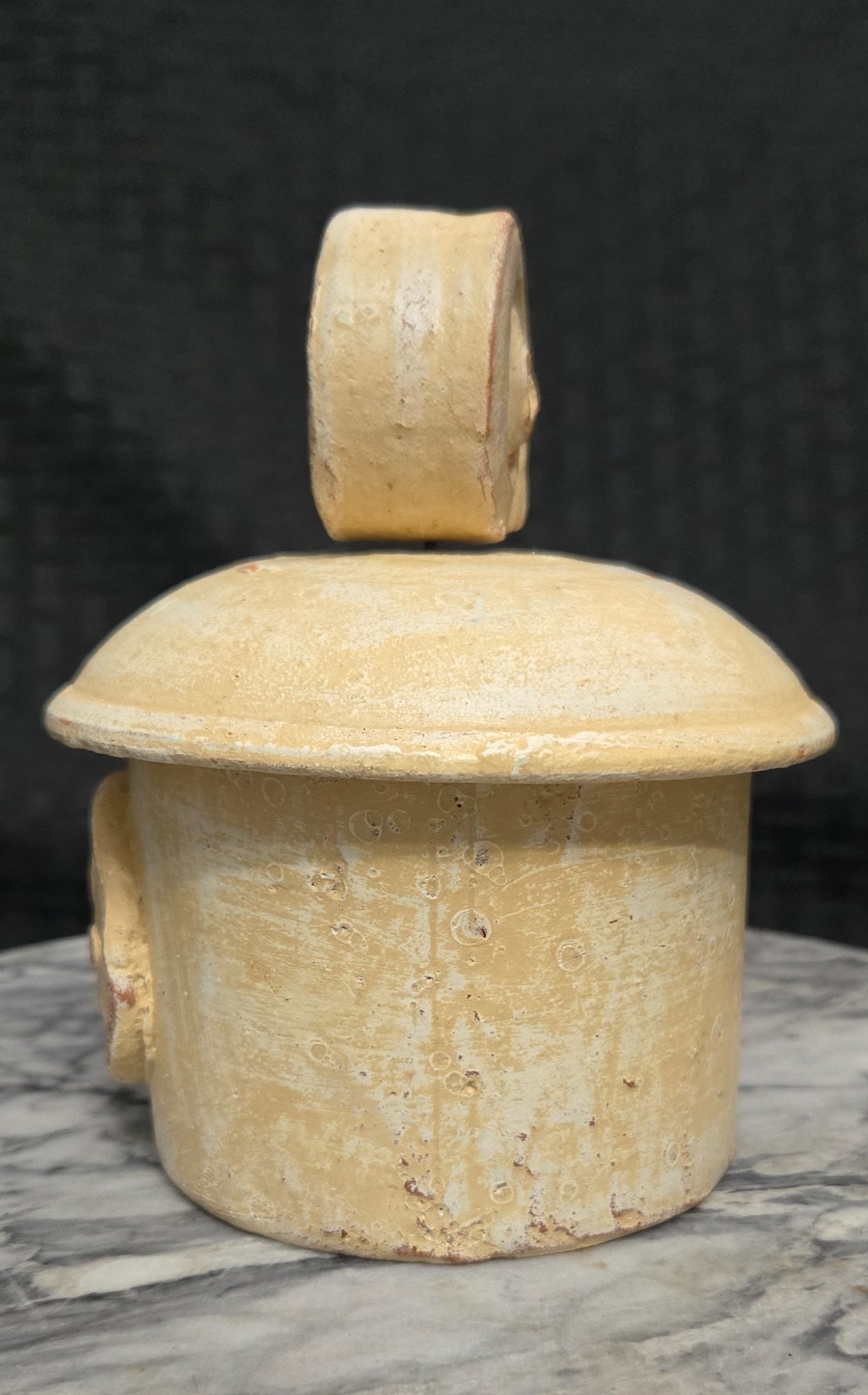 Beige Art Pottery Lidded Jar – Cream Glaze With Swirl-Shaped Handle 6″ Tall