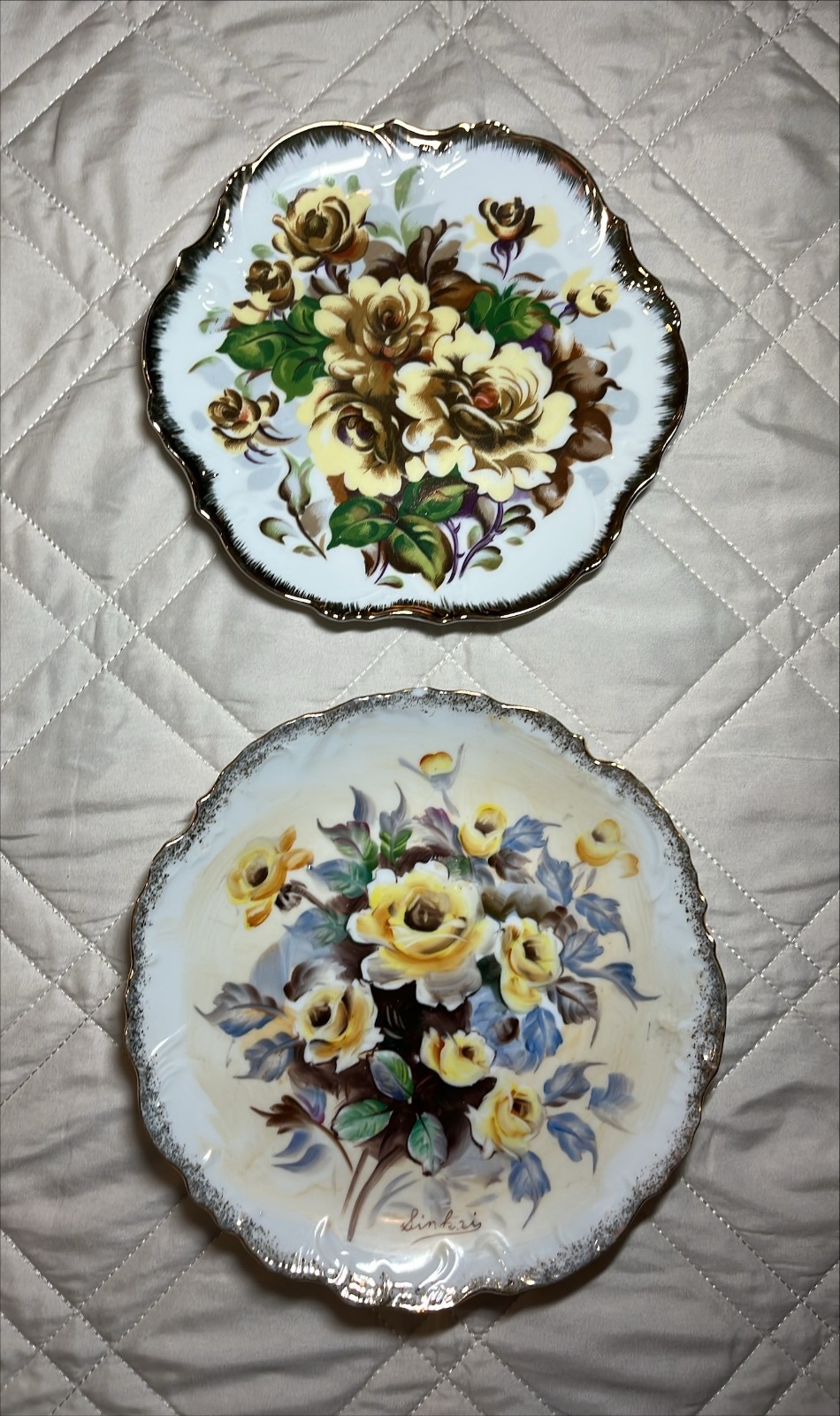 Lot of 2 VTG Brown & Yellow Roses painted & transfer Plates Curated Wall Décor