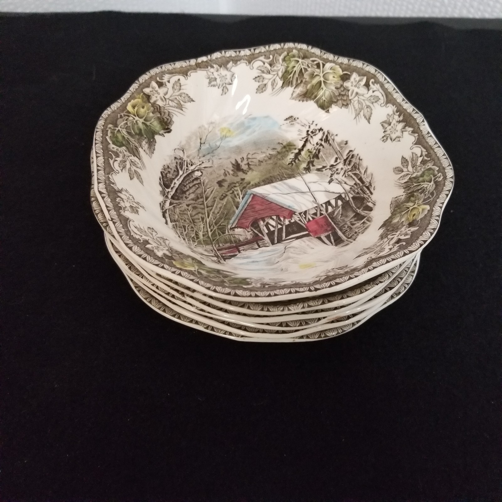 Six 6 1/4″ Johnson Bros Friendly Village Covered Bridge Cereal Fruit Bowls