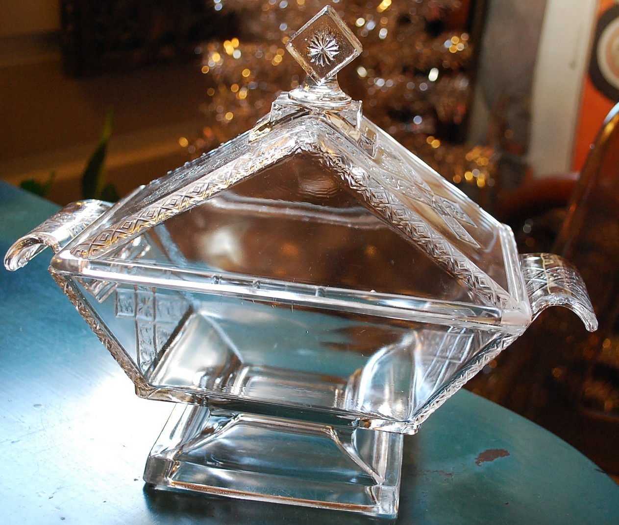 RARE Antique RIVERSIDE JERSEY LILY Pressed Glass FOOTED COMPOTE W LID 1883 10.5″