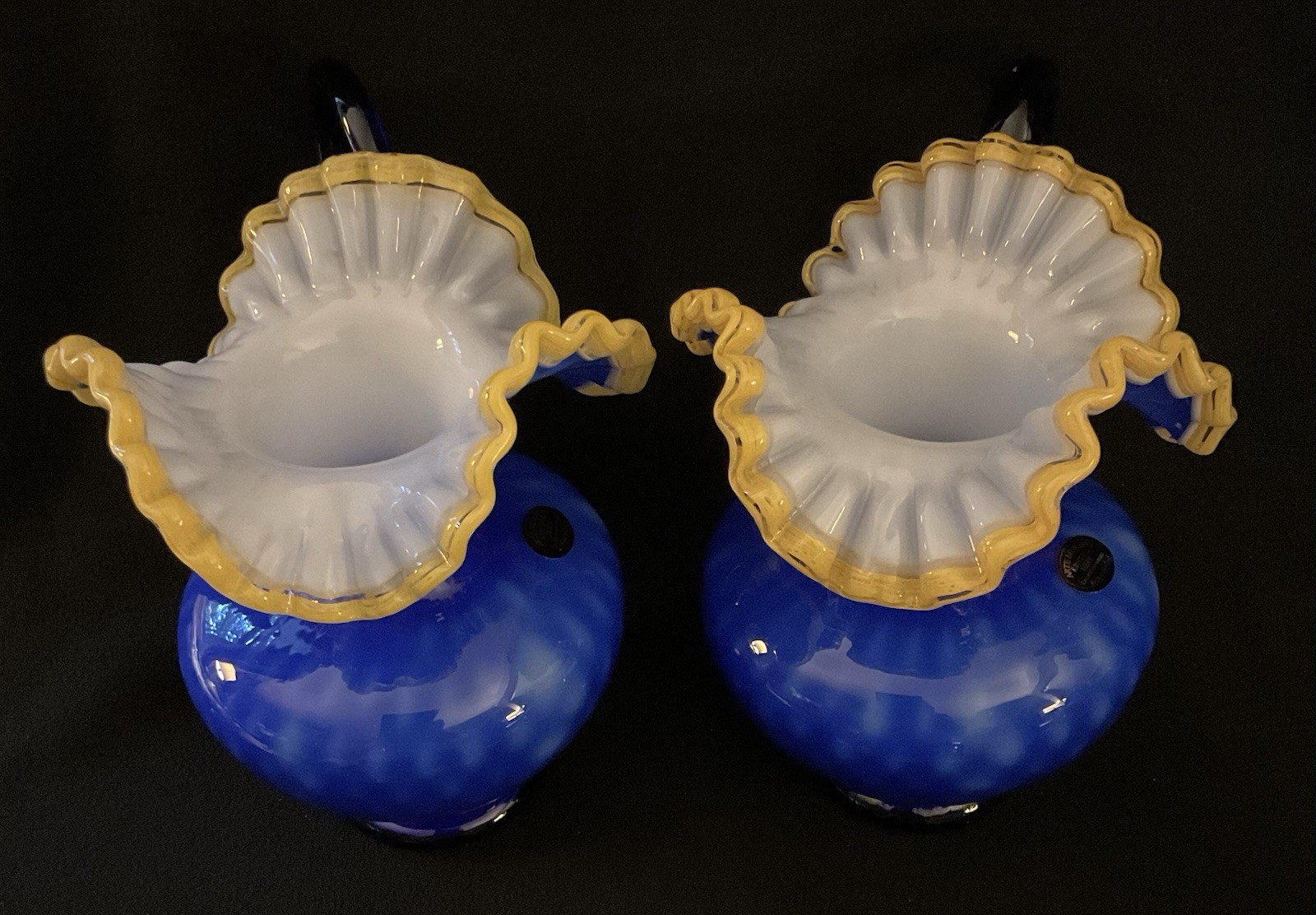 2 MCM Arte Murano Kristall Mery Cobalt Blue Pitcher W/Yellow Ruffled Rim 8.5