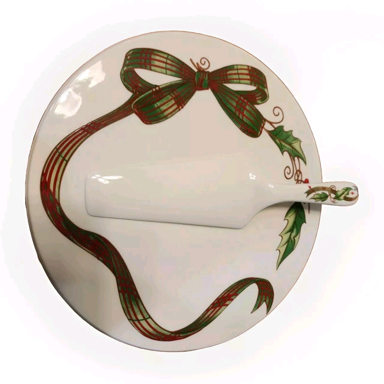 Cake Pie Stand & Server Holly Holiday Home for the Holidays Plaid Ribbon 11″ Rnd